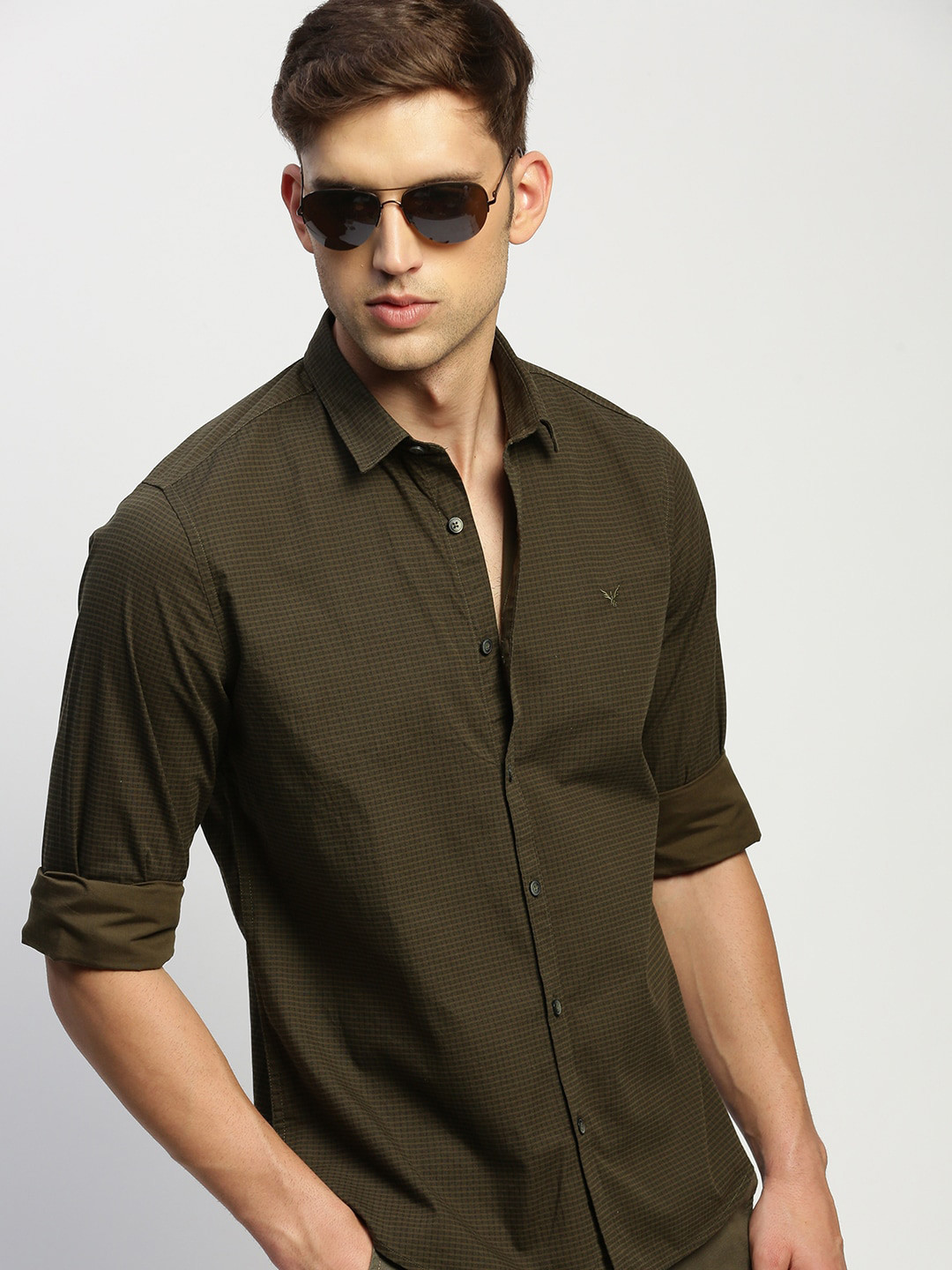 

SHOWOFF Premium Slim Fit Micro Checked Cotton Casual Shirt, Olive