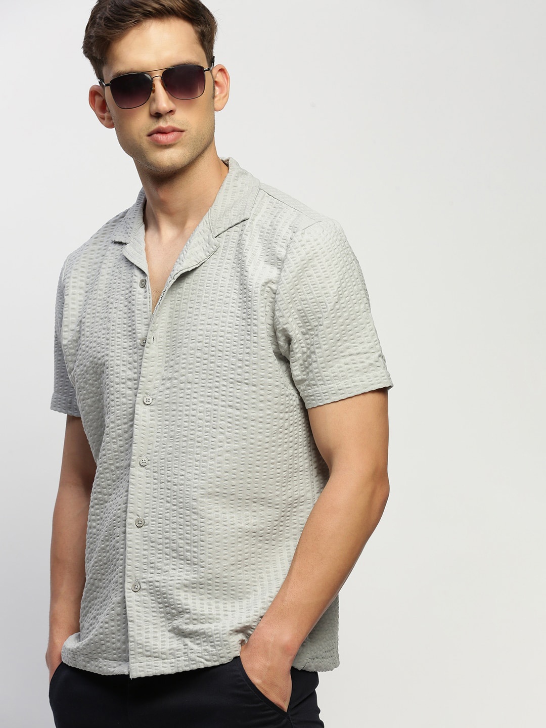 

SHOWOFF Comfort Relaxed Fit Self Design Seersucker Casual Shirt, Grey