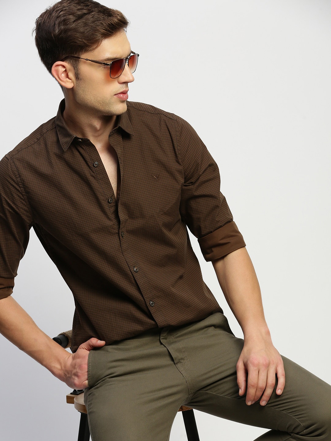 

SHOWOFF Premium Slim Fit Micro Checked Cotton Casual Shirt, Brown