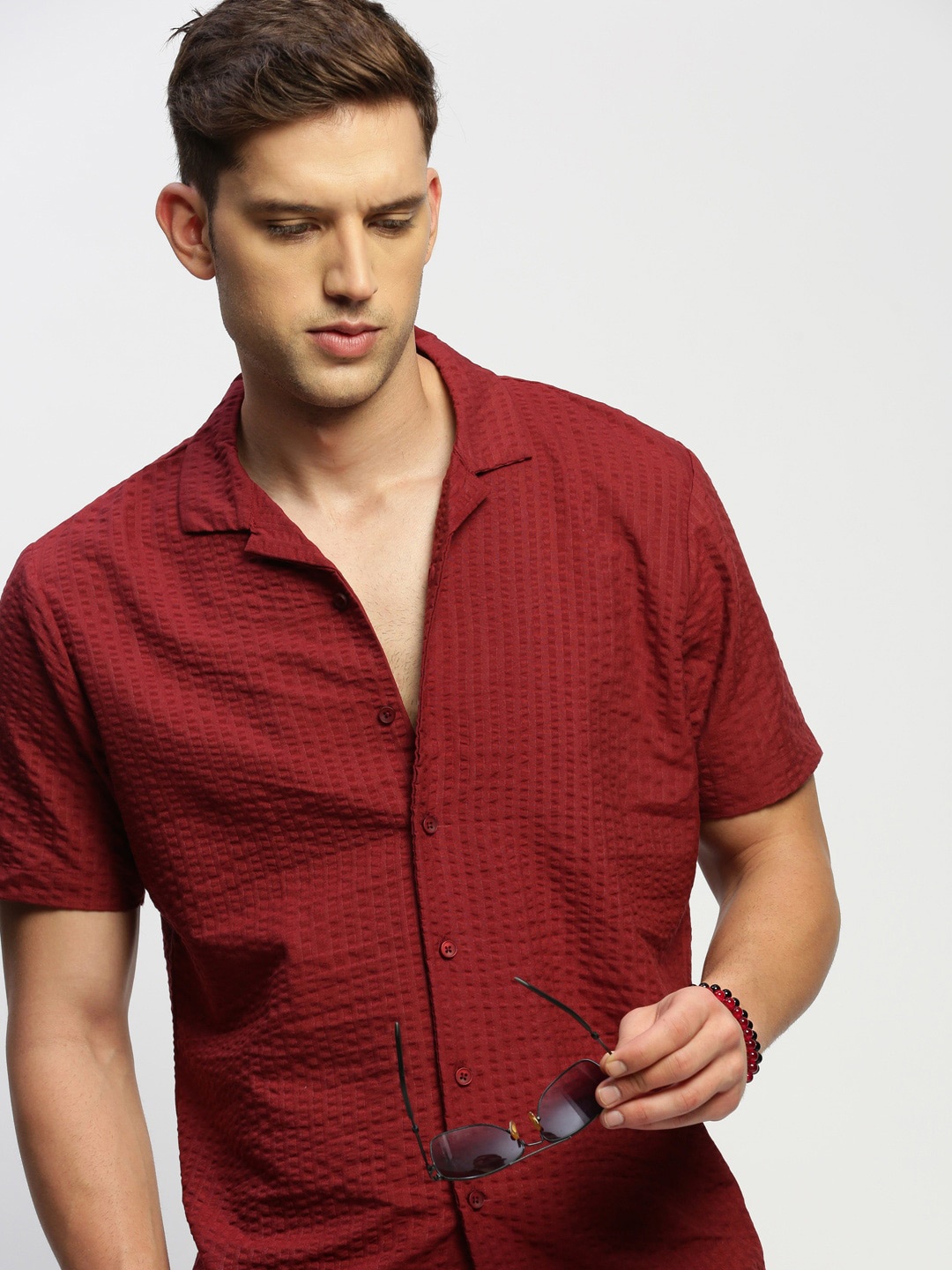 

SHOWOFF Self Design Textured Comfort Relaxed Fit Cotton Casual Shirt, Maroon