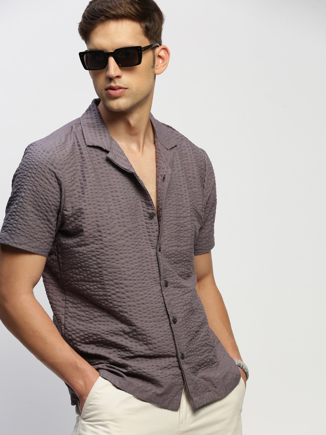 

SHOWOFF Comfort Relaxed Fit Self Designed Casual Cotton Shirt, Grey