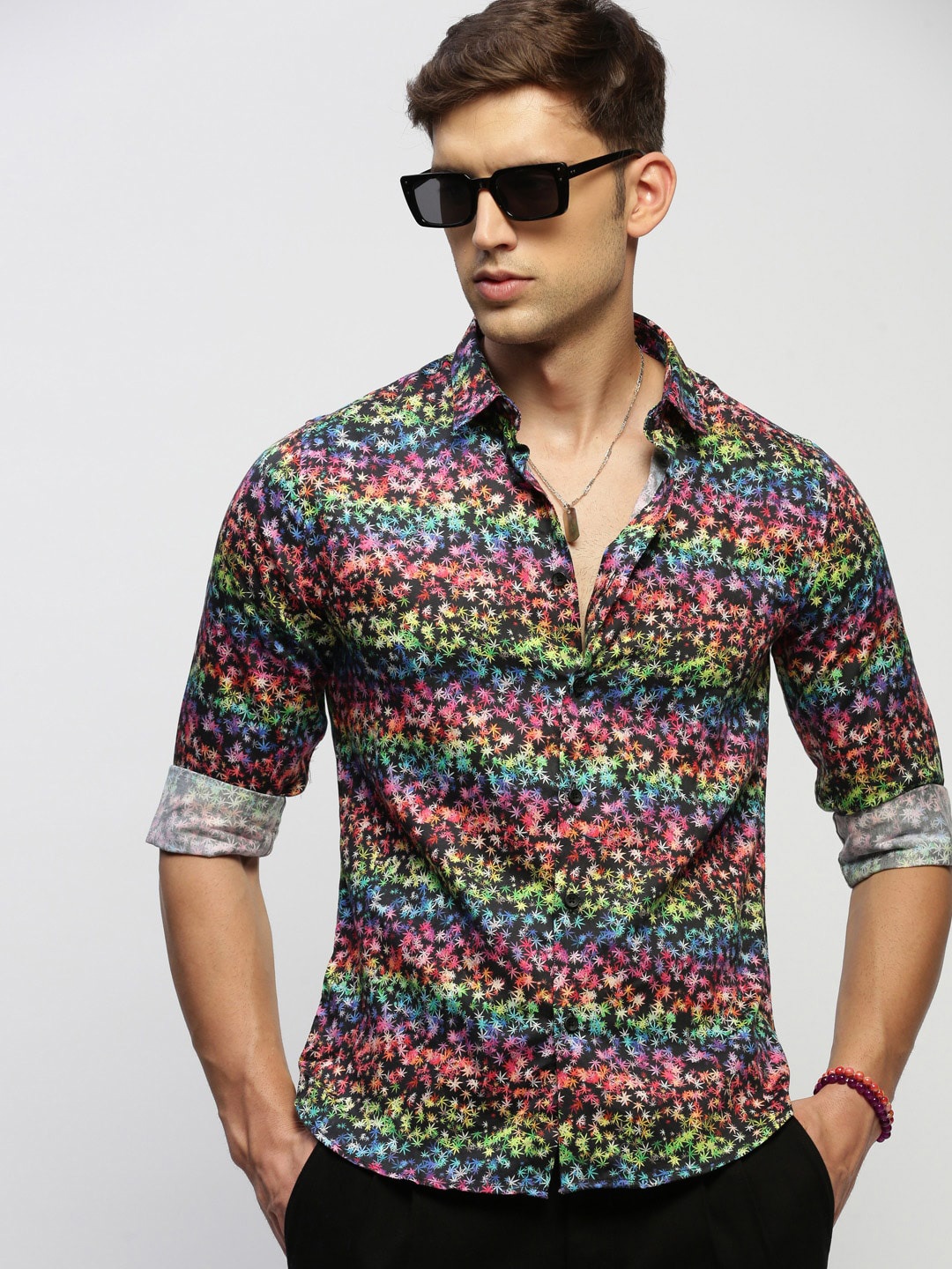 

SHOWOFF Standard Slim Fit Floral Printed Twill Cotton Casual Shirt, Black