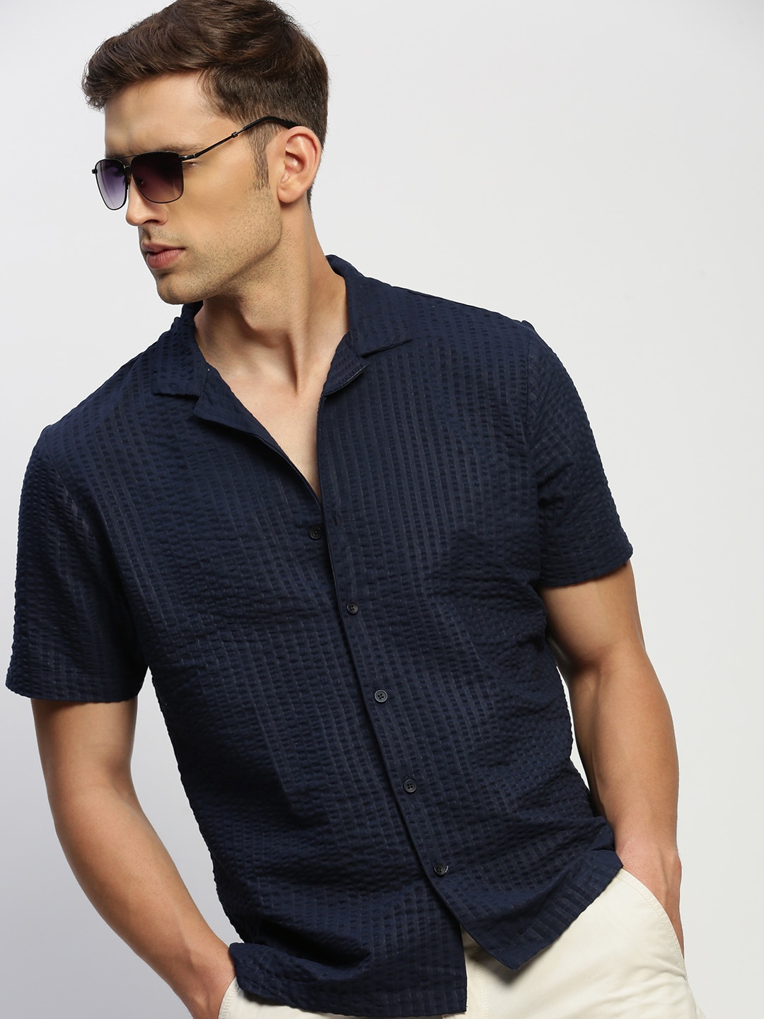 

SHOWOFF Comfort Relaxed Fit Self Designed Casual Cotton Shirt, Navy blue