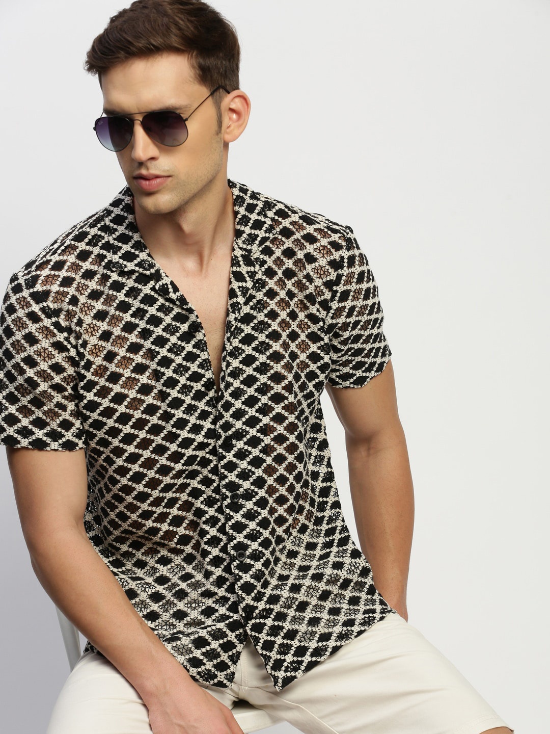 

SHOWOFF Comfort Geometric Printed Relaxed Fit Cotton Crochet Casual Shirt, Cream