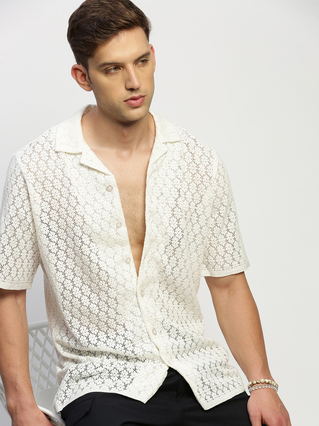 

SHOWOFF Comfort Relaxed Fit Textured Self Design Sheer Cotton Crochet Casual Shirt, White