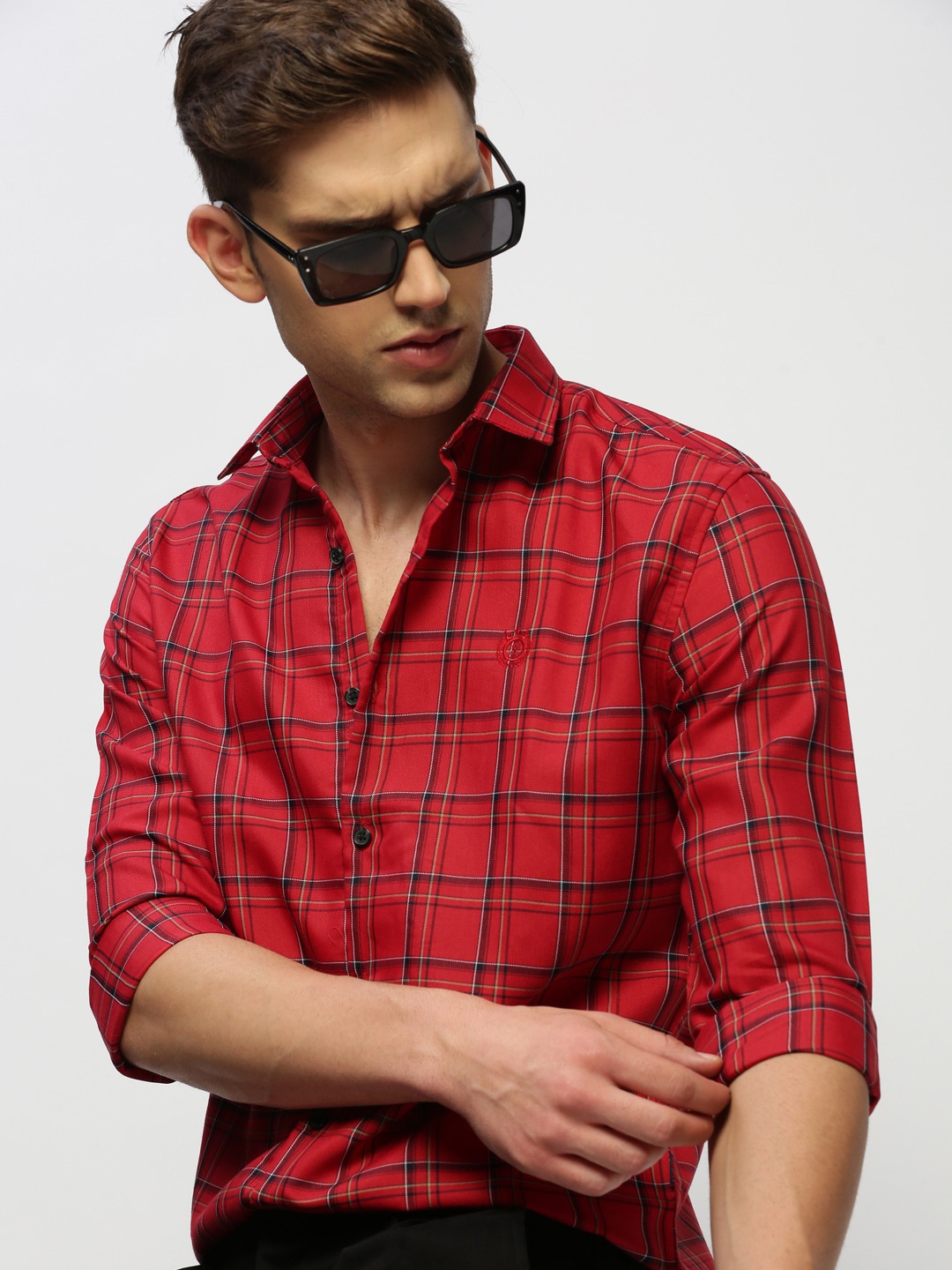 

SHOWOFF Classic Slim Fit Tartan Checked Twill Cotton Casual Shirt, Red