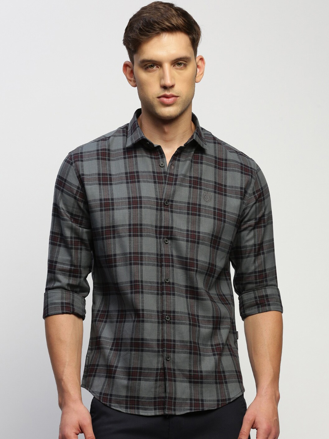 

SHOWOFF Tartan Checked Classic Slim Fit Opaque Cotton Casual Shirt, Grey