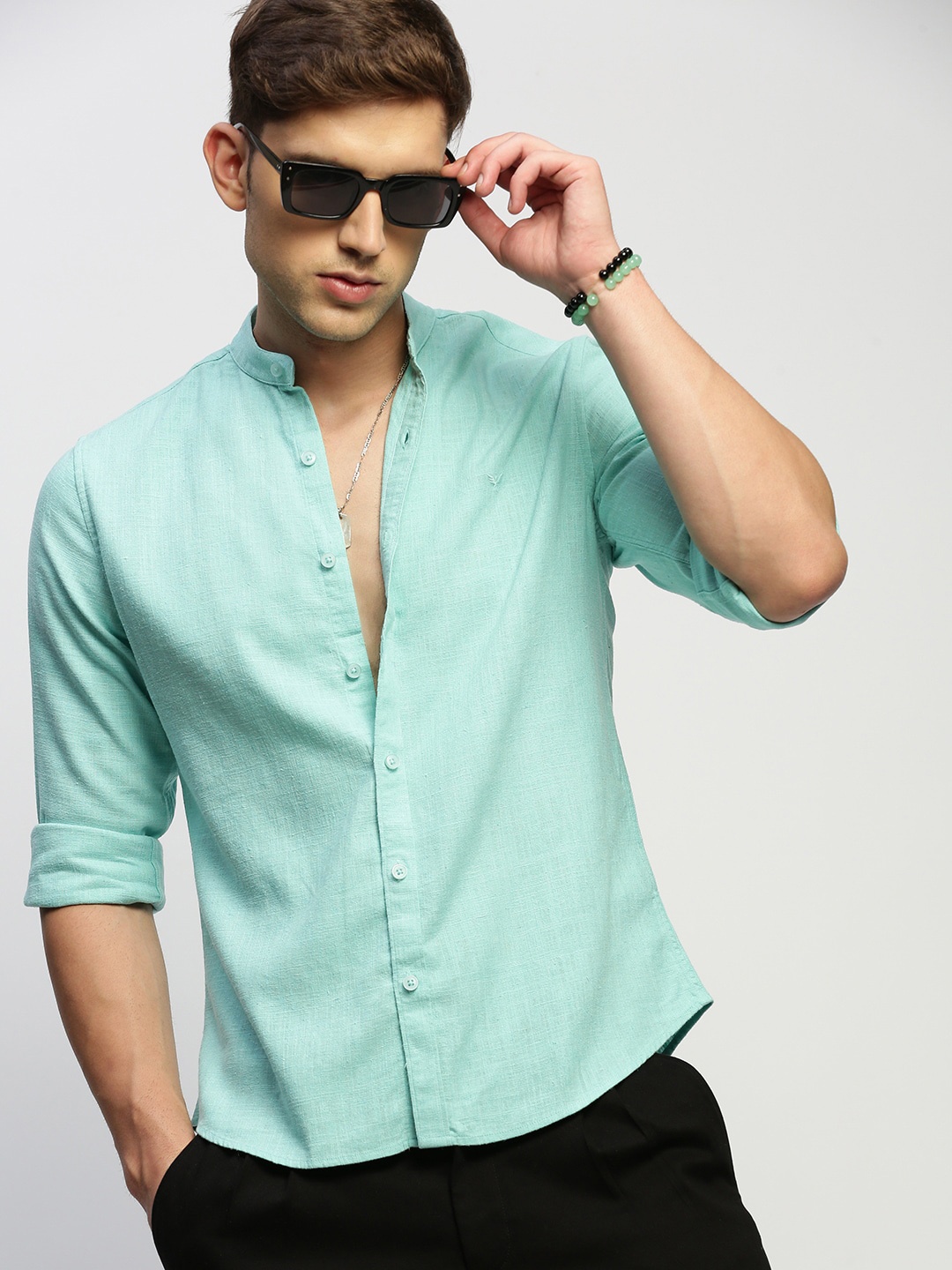 

SHOWOFF Comfort Slim Fit Band Collar Cotton Casual Shirt, Sea green