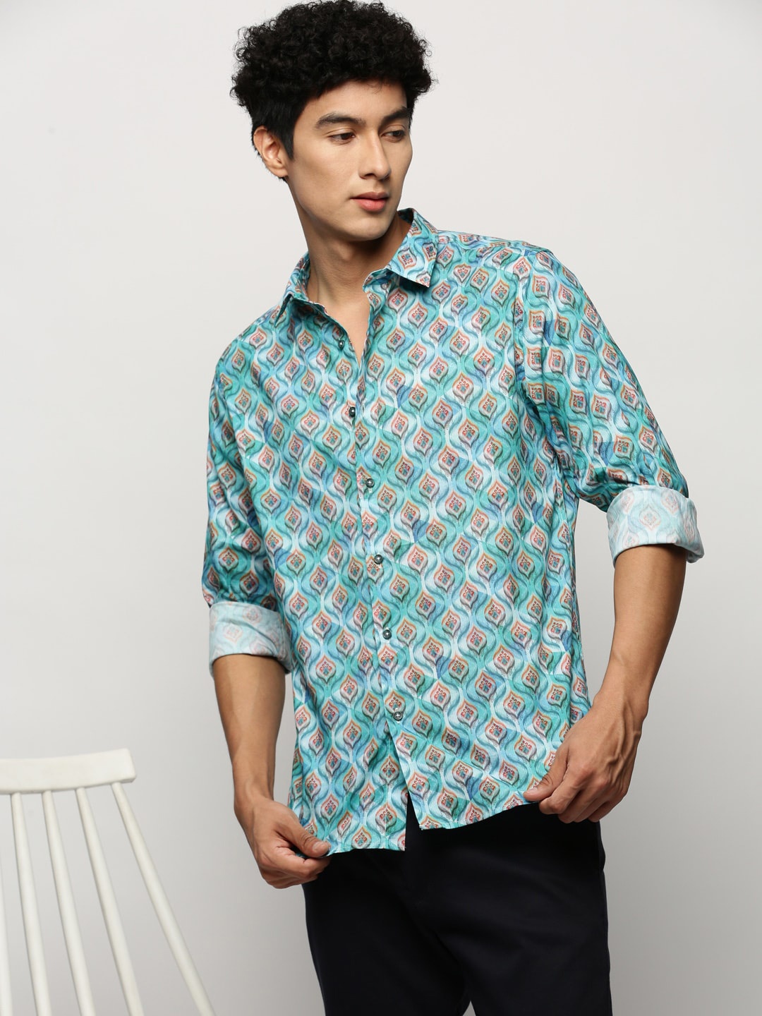 

SHOWOFF Smart Floral Printed Slim Fit Cotton Casual Shirt, Turquoise blue