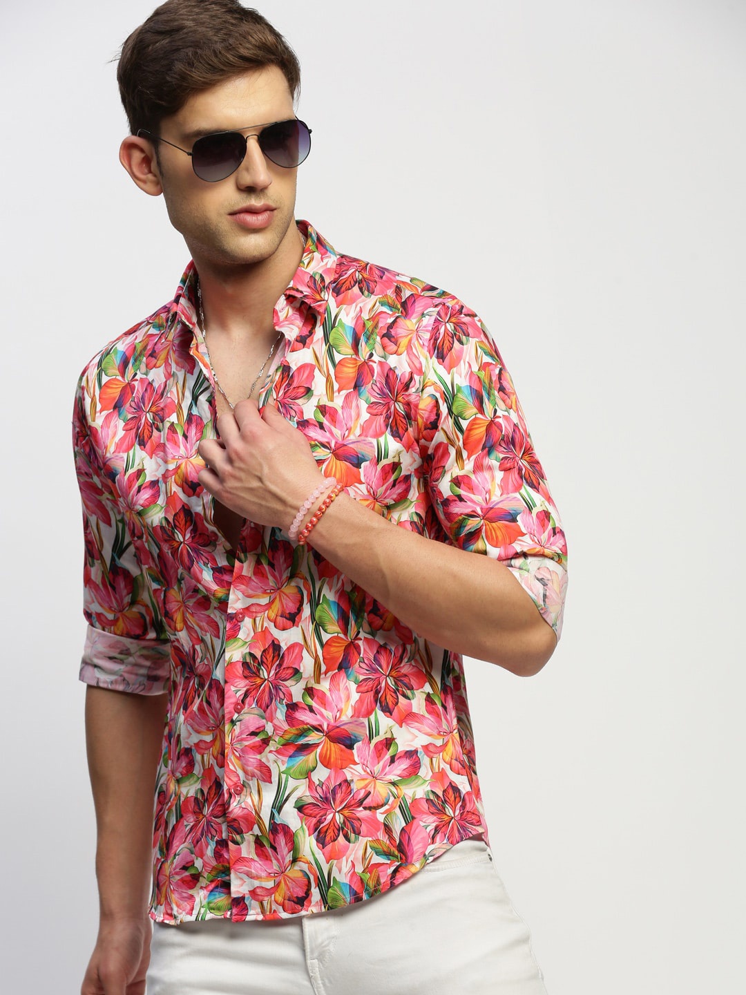 

SHOWOFF Standard Slim Fit Floral Printed Spread Collar Cotton Casual Shirt, Pink