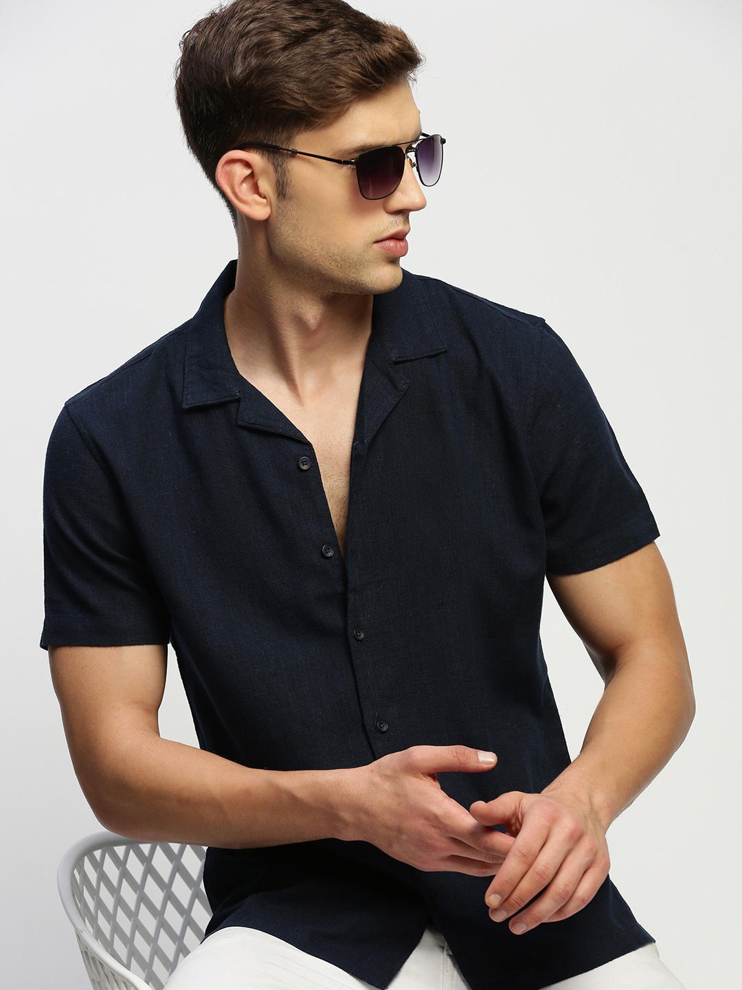 

SHOWOFF Cuban Collar Comfort Relaxed Fit Chambray Cotton Casual Shirt, Navy blue