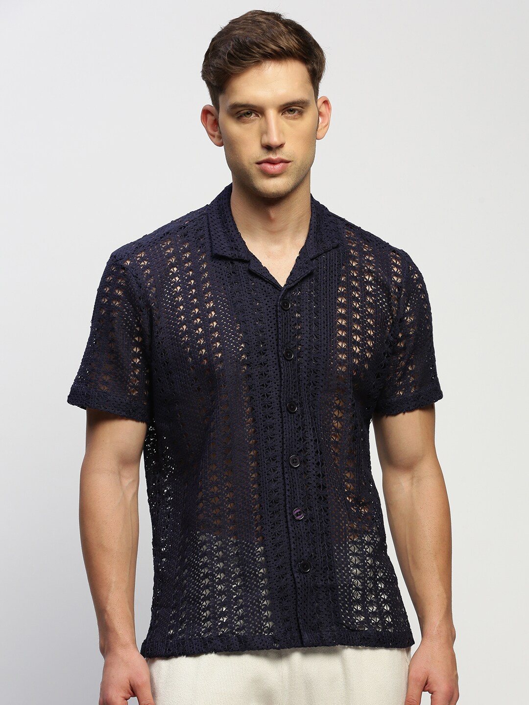 

SHOWOFF Comfort Slim Fit Self Designed Sheer Cotton Crochet Casual Shirt, Navy blue