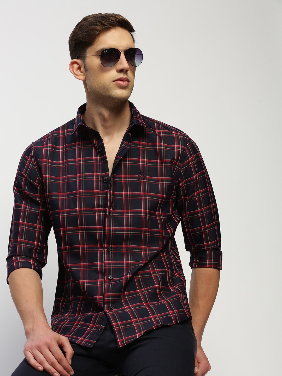 

SHOWOFF Tartan Checked Standard Slim Fit Twill Cotton Casual Shirt, Navy blue