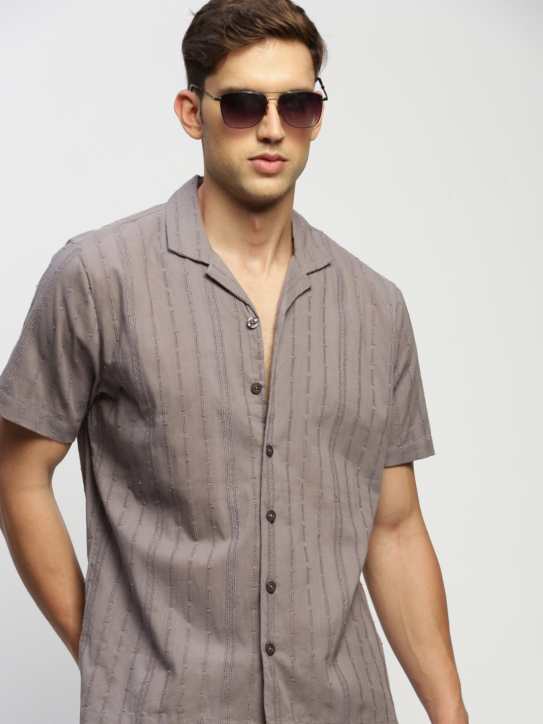 

SHOWOFF Comfort Relaxed Fit Sheer Self Design Cotton Casual Shirt, Grey
