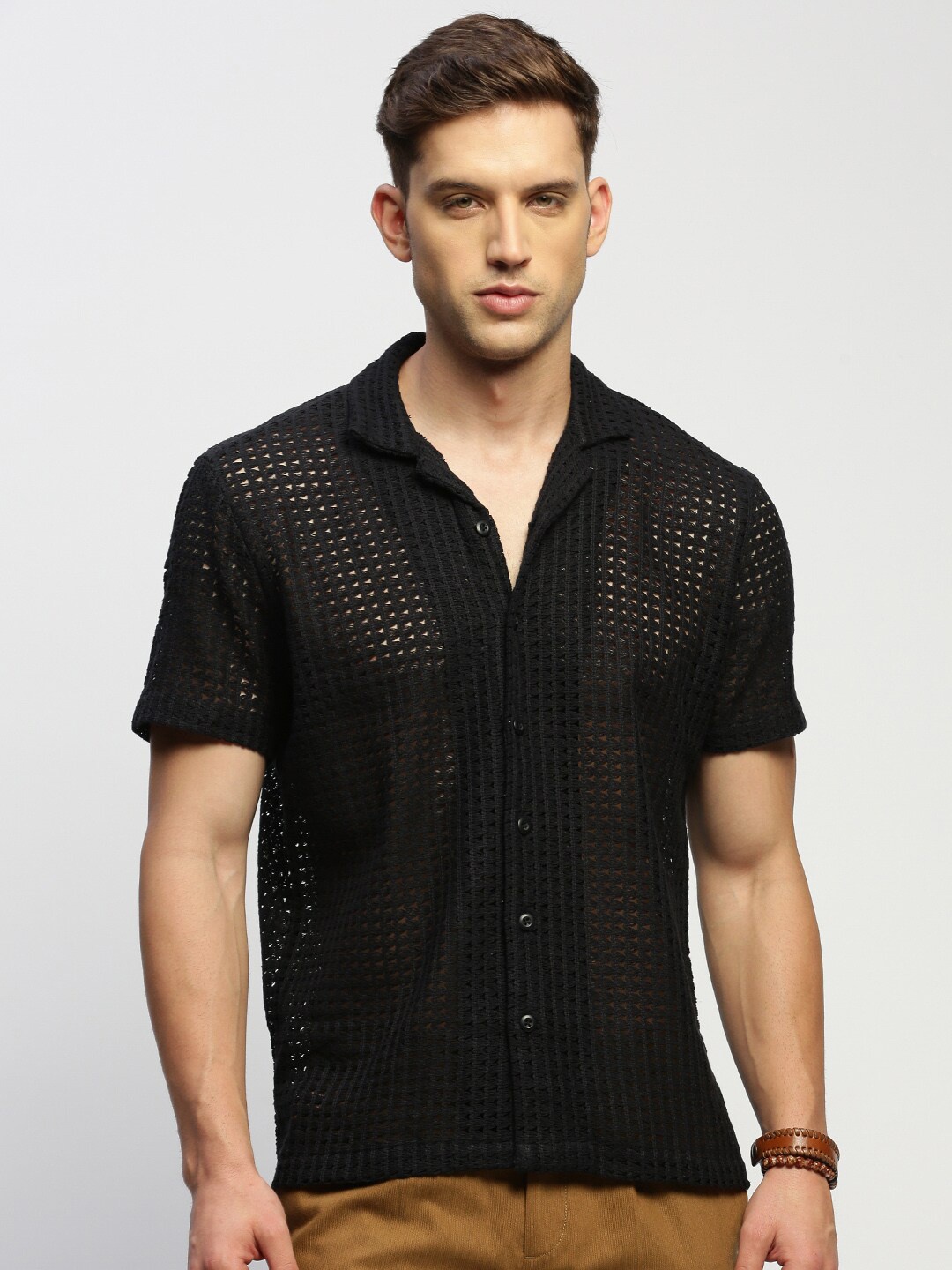

SHOWOFF Comfort Slim Fit Textured Self Design Cuban Collar Sheer Crochet Cotton Shirt, Black