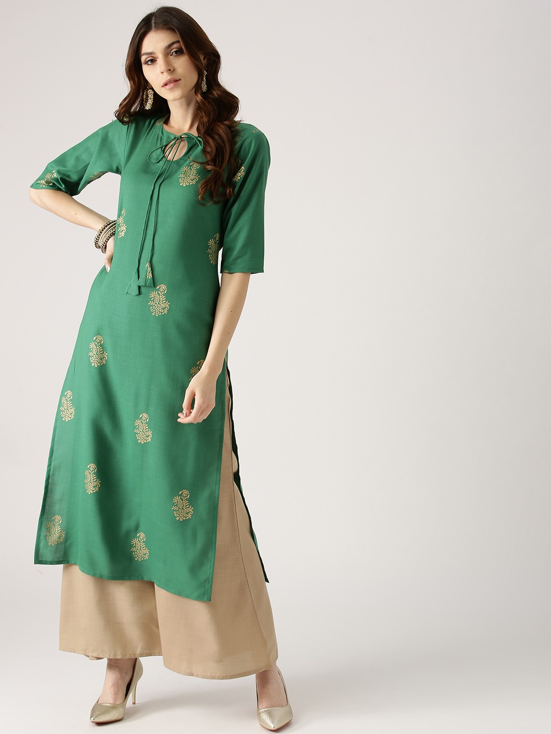 

Libas Women Green & Beige Block Print Kurta with Palazzos