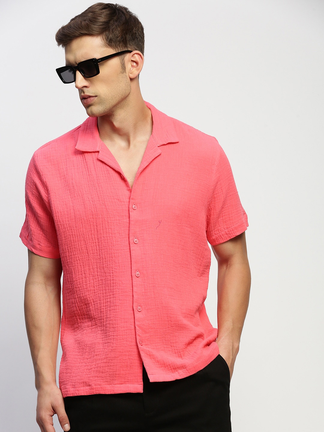 

SHOWOFF Comfort Relaxed Fit Cuban Collar Cotton Casual Shirt, Pink