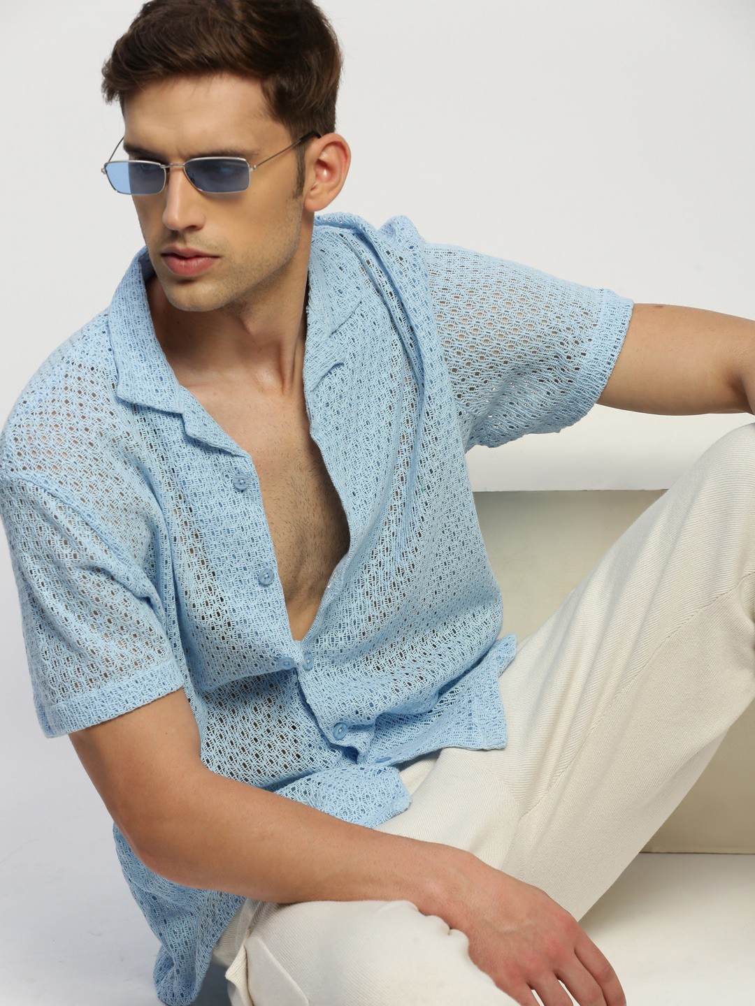 

SHOWOFF Self Design Comfort Relaxed Fit Sheer Crochet Casual Shirt, Blue