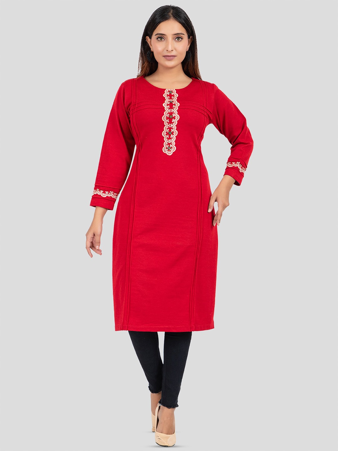 

Elthia Ethnic Motifs Round Neck Three-Quarter Straight Woollen Kurta, Red