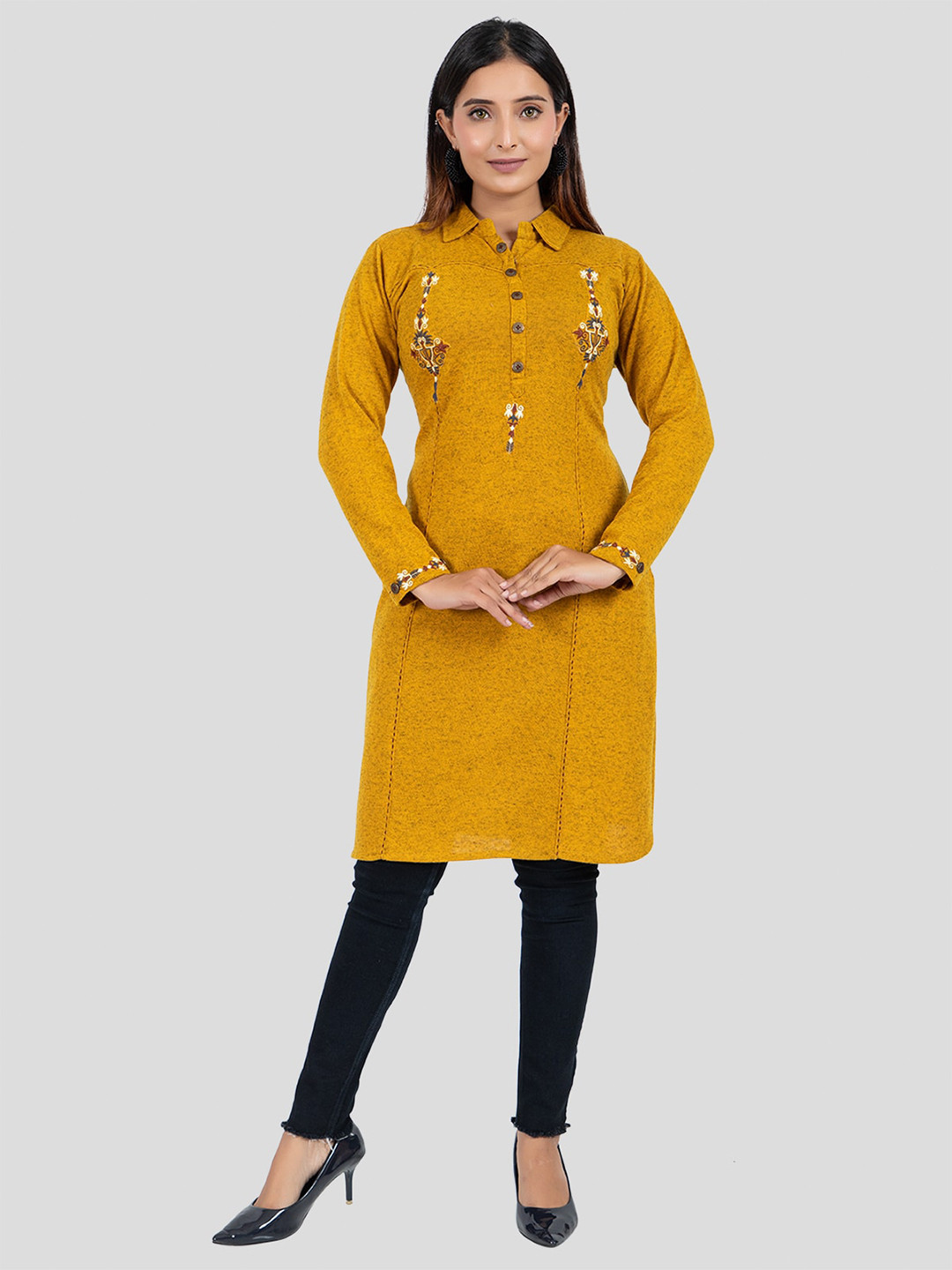 

Elthia Embroidered Woolen Straight Kurta, Mustard