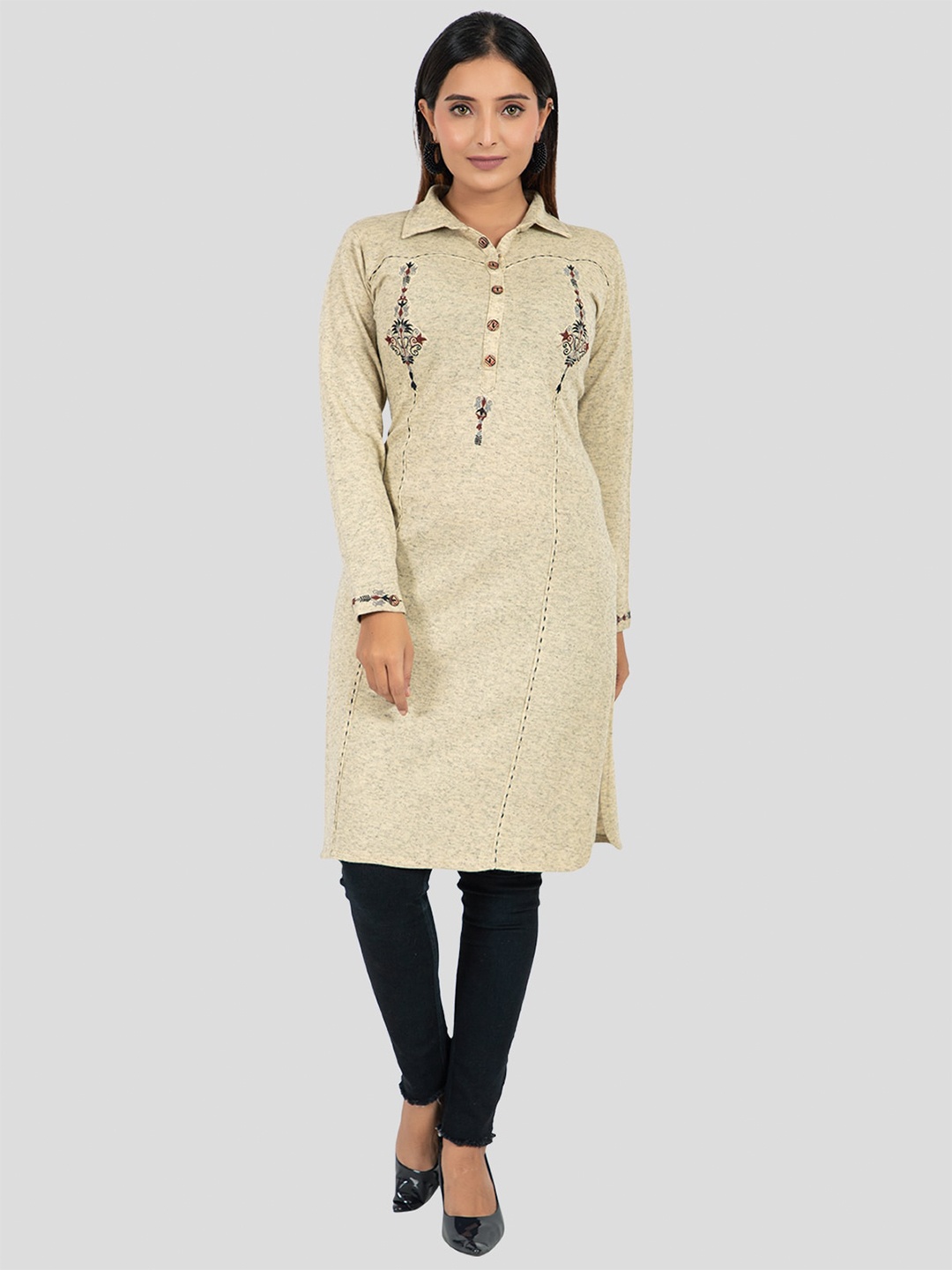 

Elthia Ethnic Motifs Embroidered Wool Straight Kurta, Cream