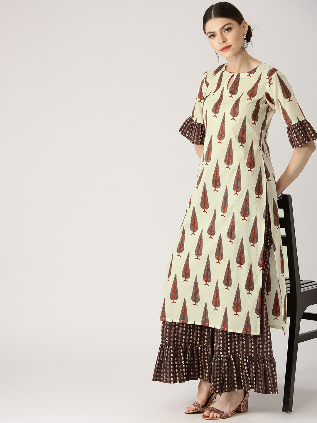 

Libas Women Off-White & Brown Printed Kurta with Palazzos