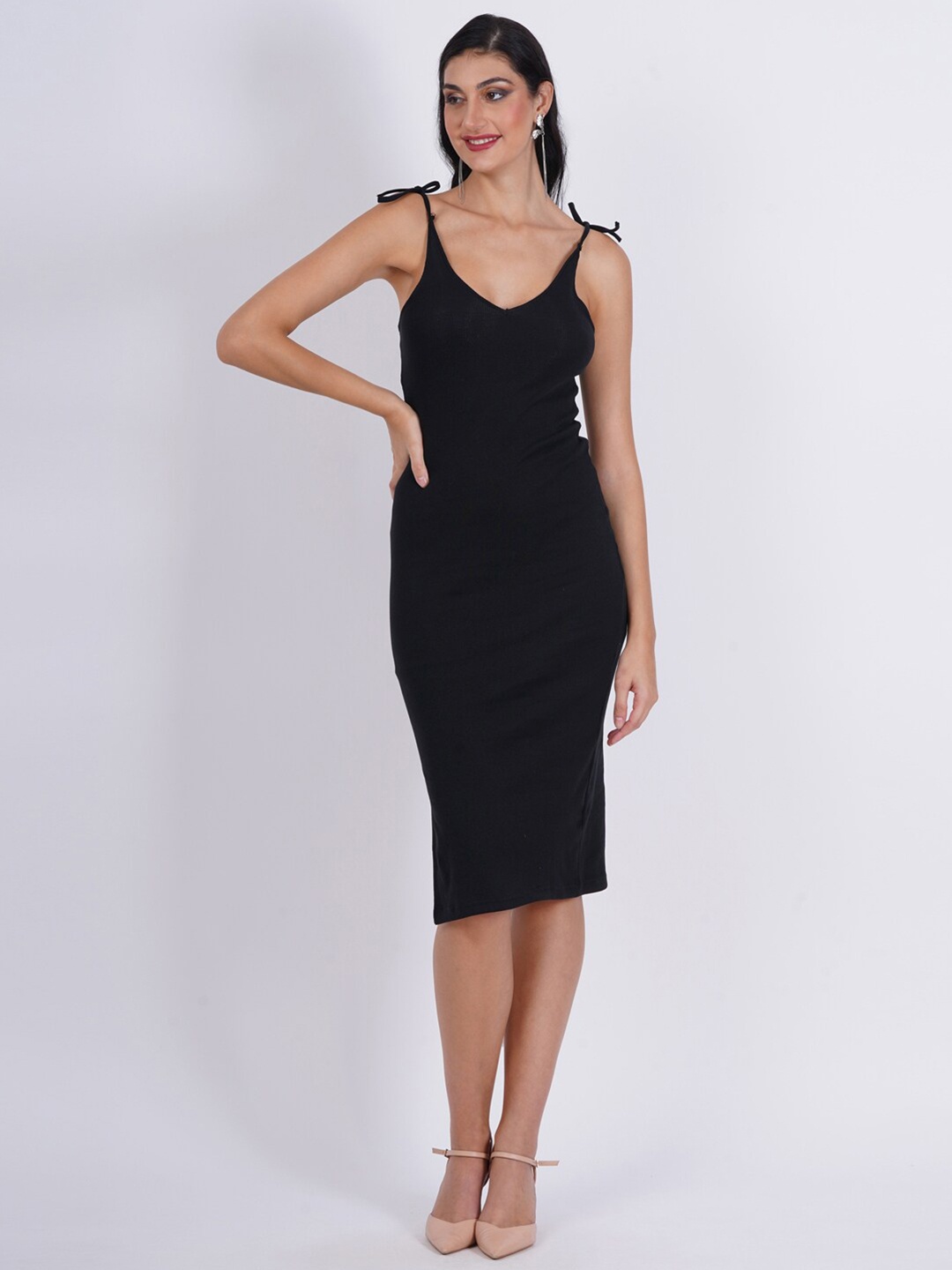 

SIGHTBOMB Shoulder Straps Cotton Bodycon Dress, Black