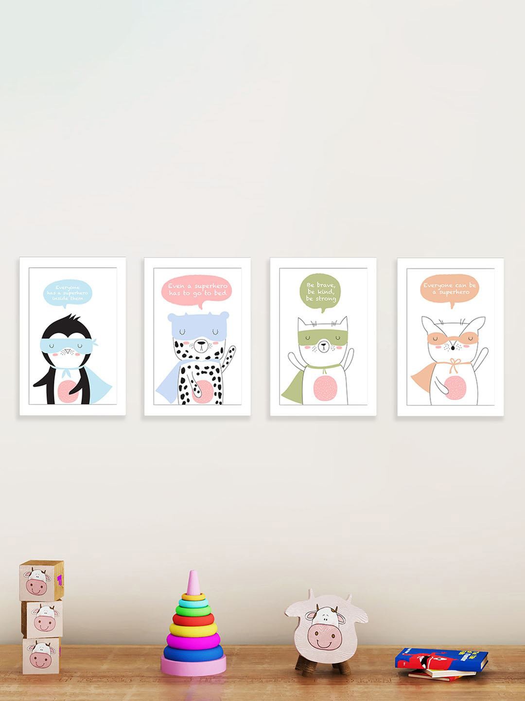 

Art Street Kids White & Blue 4 Pieces Animal Superheroes Painting Wall Art
