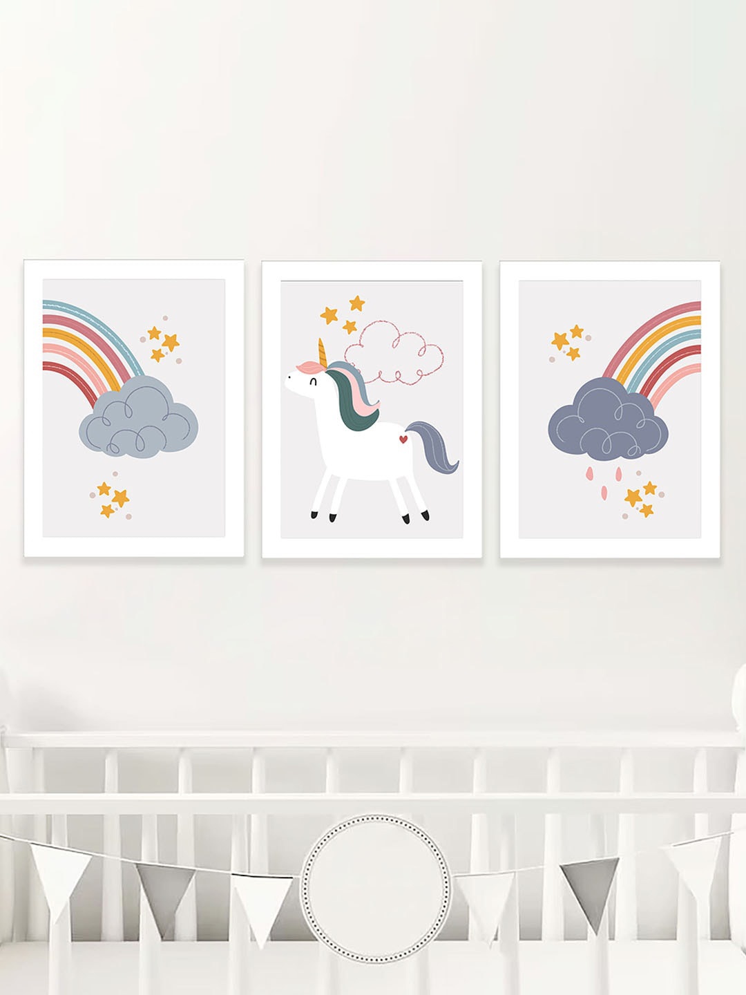 

Art Street Kids White & Blue 3 Pieces Unicorn & Cloud Printed Wall Arts