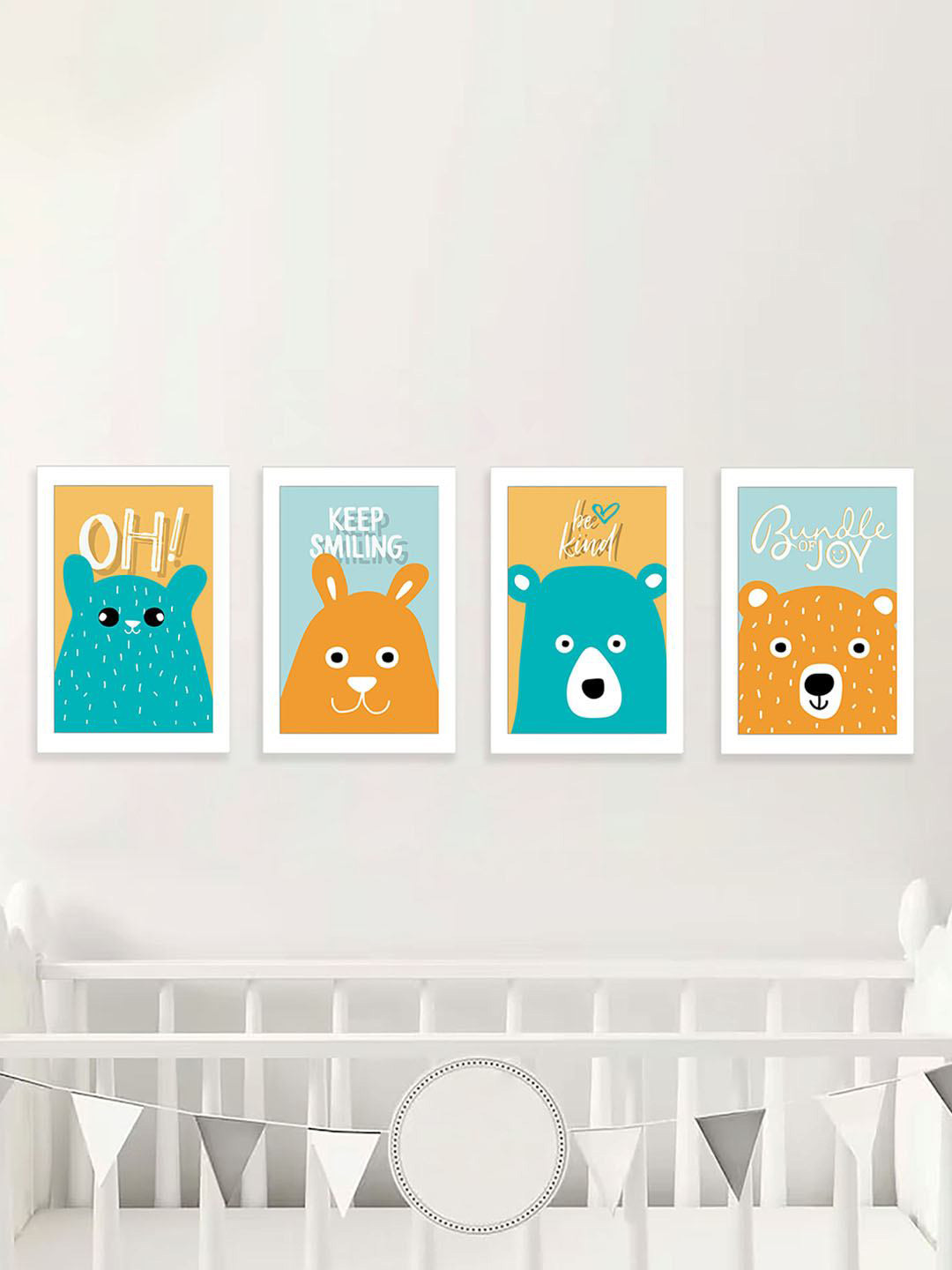 

Art Street Kids White & Yellow 4 Pieces Keep Smilling Animals Prints Wall Art