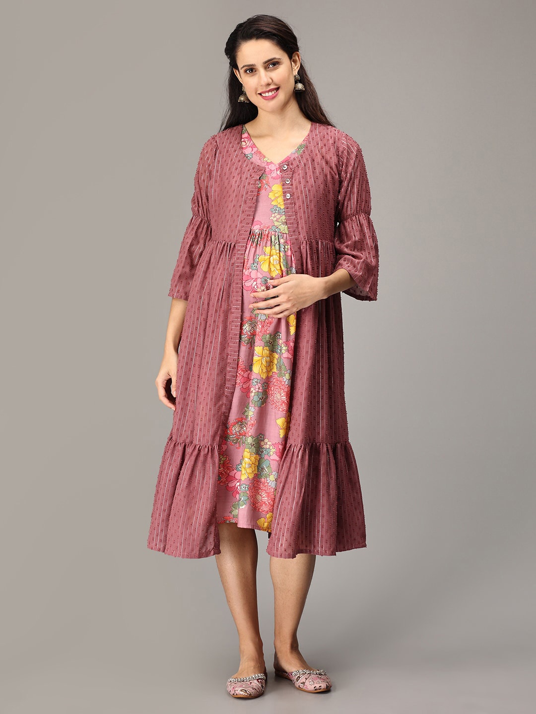 

The Mom Store Pink & Yellow Floral Printed Maternity Ethnic Dress With Shacket