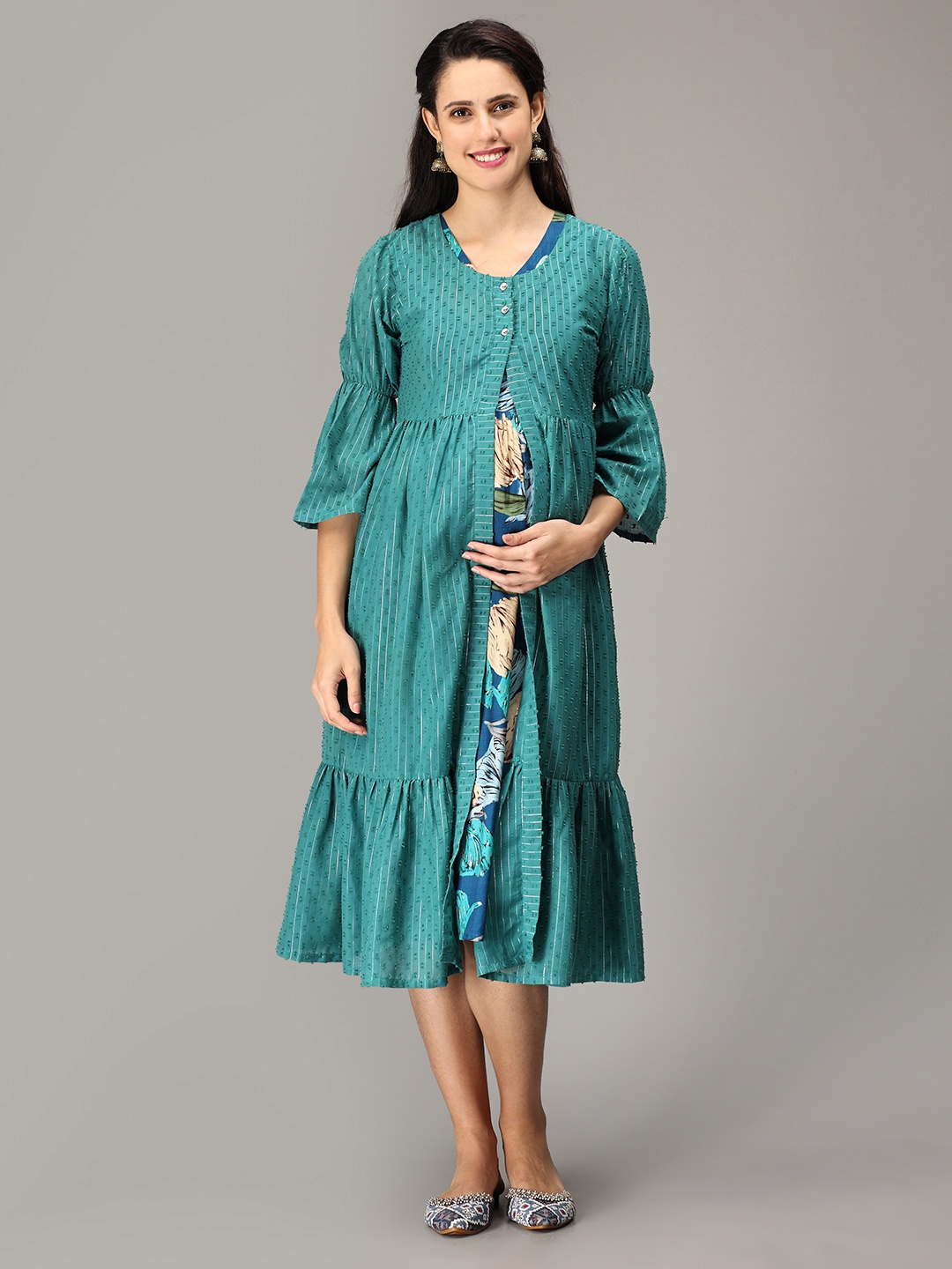 

The Mom Store Blue & Beige Floral Printed Maternity Ethnic Dress With Shacket