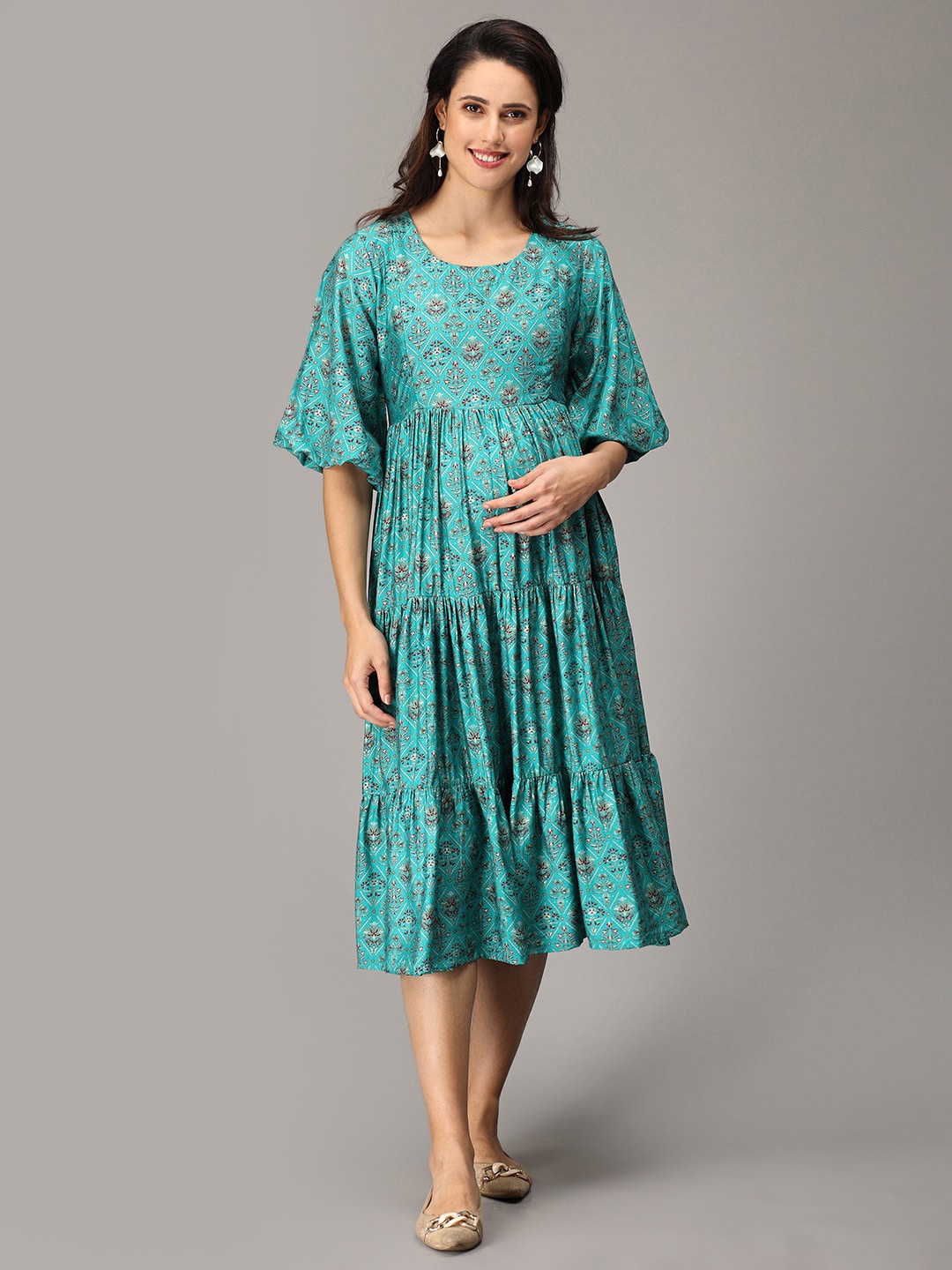 

The Mom Store Turquoise Blue & Red Ethnic Motifs Printed Maternity Ethnic Dress