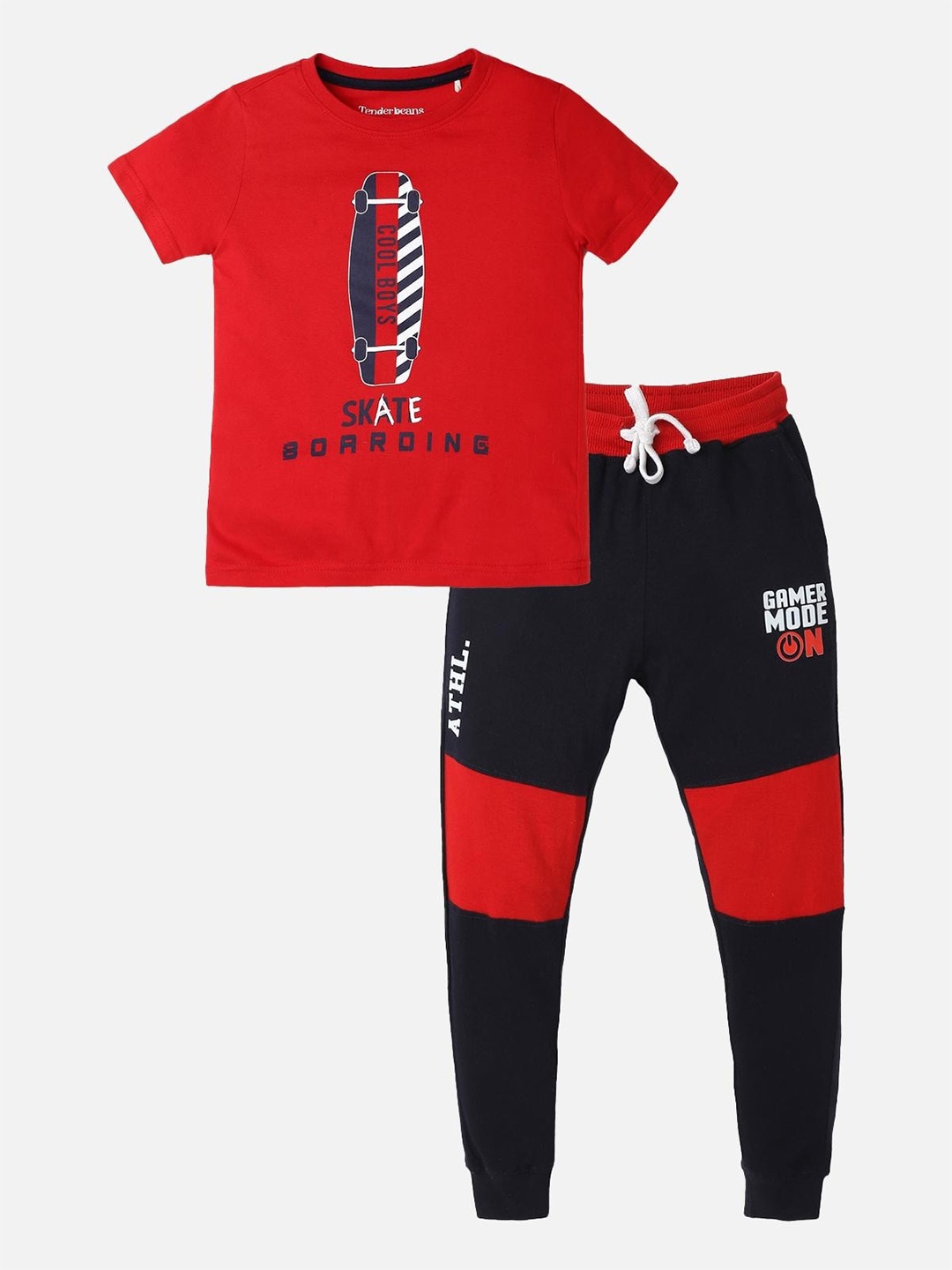 

UrbanMark Boys Typography Printed Pure Cotton T-shirt with Trousers, Red