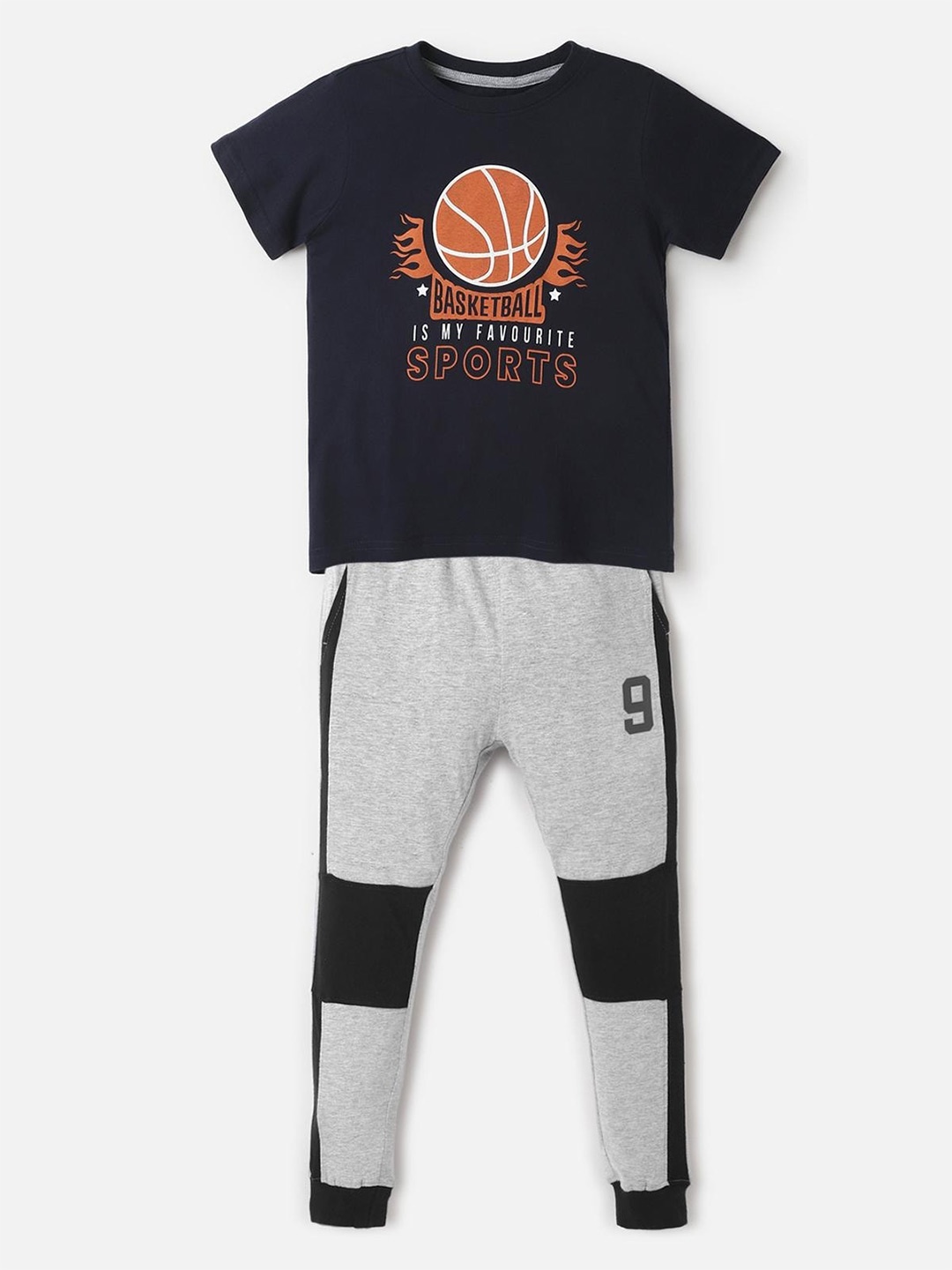 

UrbanMark Boys Graphic Printed Pure Cotton T-shirt with Trousers, Navy blue