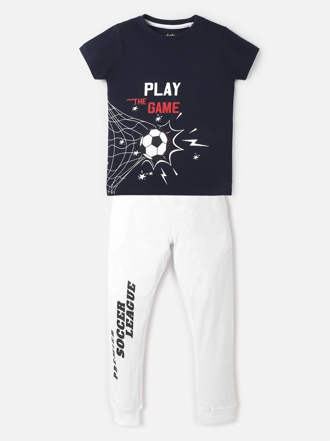 

UrbanMark Boys Typography Printed Pure Cotton T-shirt with Trousers, Navy blue