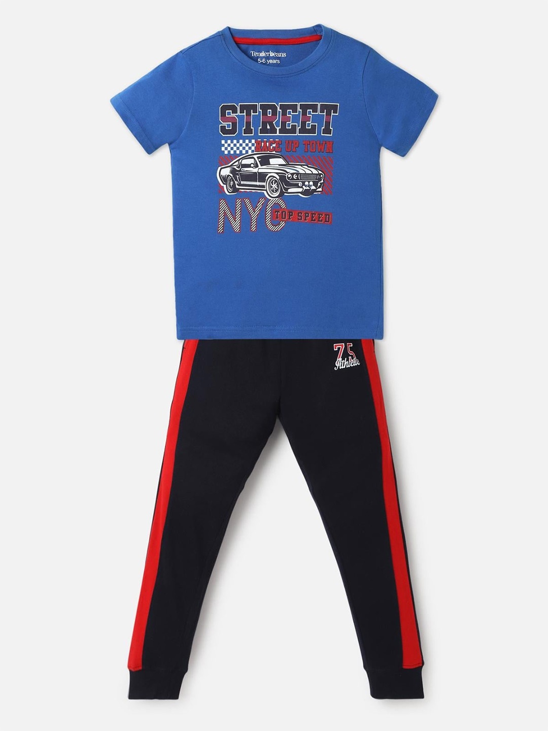 

UrbanMark Boys Typography Printed Pure Cotton T-shirt with Trousers, Blue
