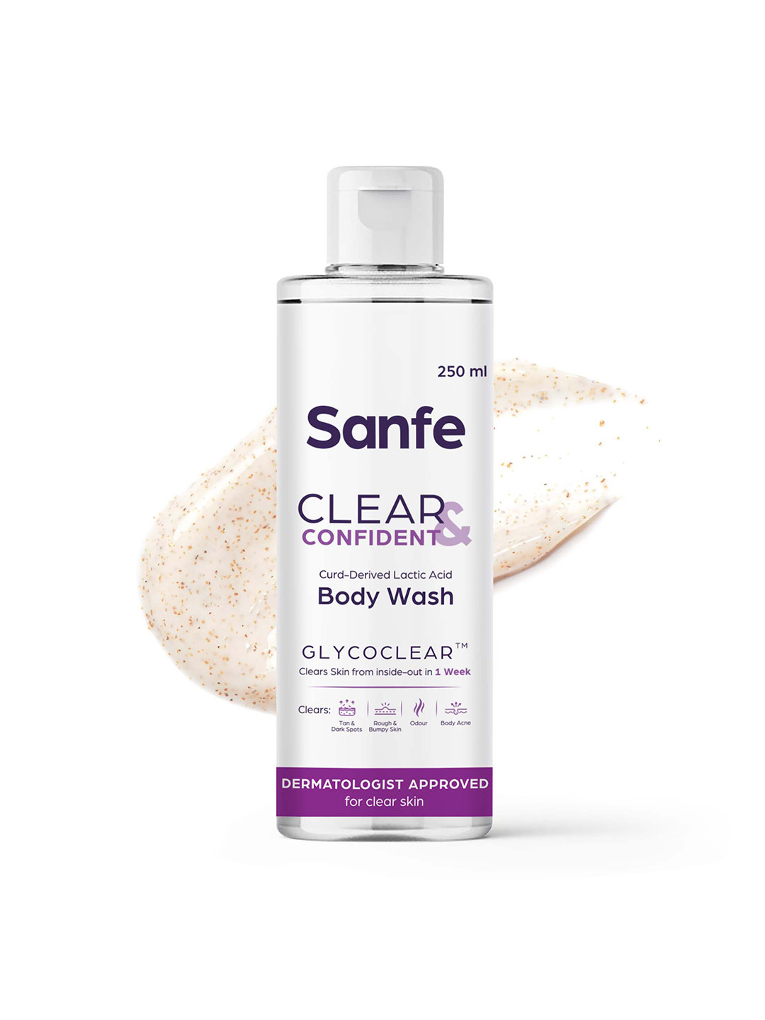 

Sanfe Clear & Confident Glycoclear Curd Derived Lactic Acid Body Wash - 250ml, White
