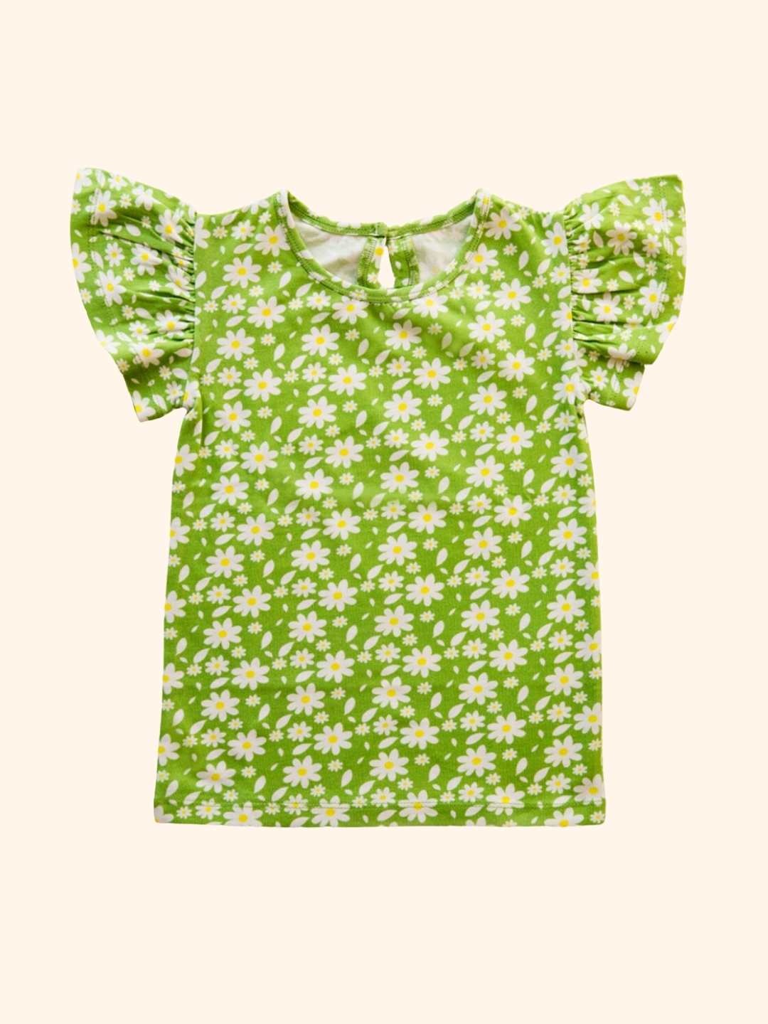 

Ola! Otter Girls Floral Printed Flutter Sleeves Organic Cotton Top, Green