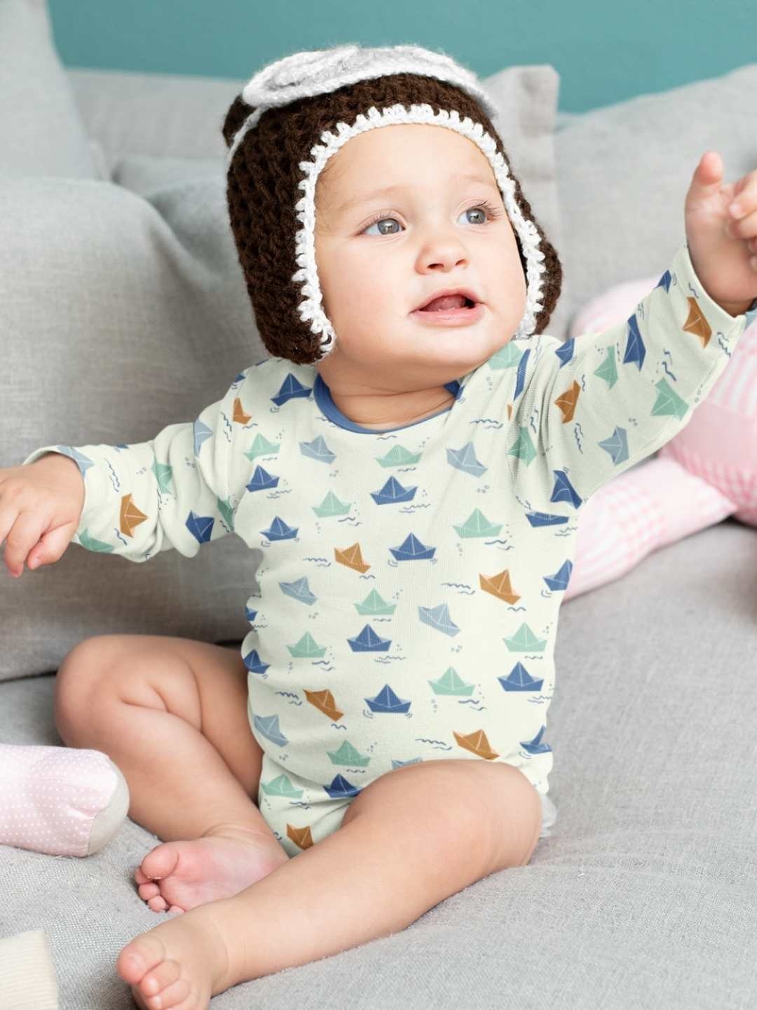 

Ola! Otter Kids Expandable Geometric Printed Organic Cotton Bodysuit, Beige