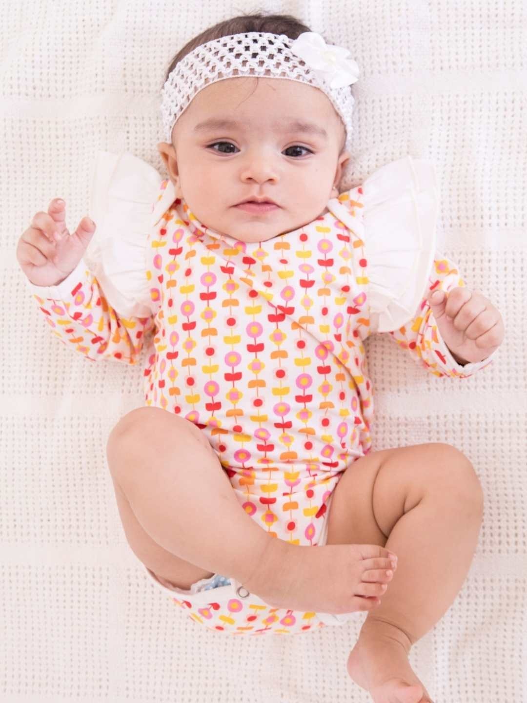 

Ola! Otter Infant Girls Cotton Printed Ruffled Organic Cotton Bodysuit, White