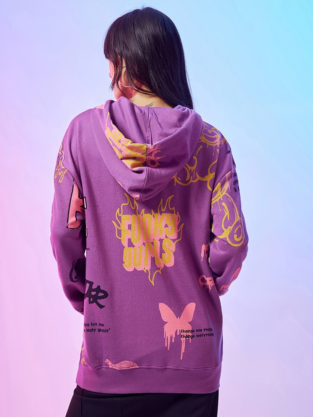 

Bewakoof Graphic Printed Hooded Pullover, Purple
