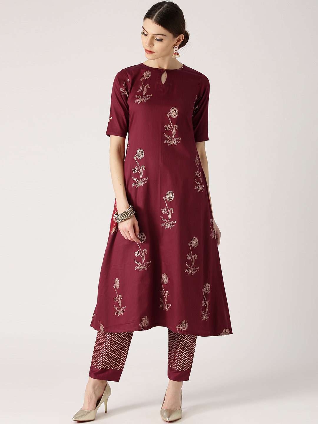 

Libas Women Maroon & Gold-Toned Printed A-Line Kurta with Trousers