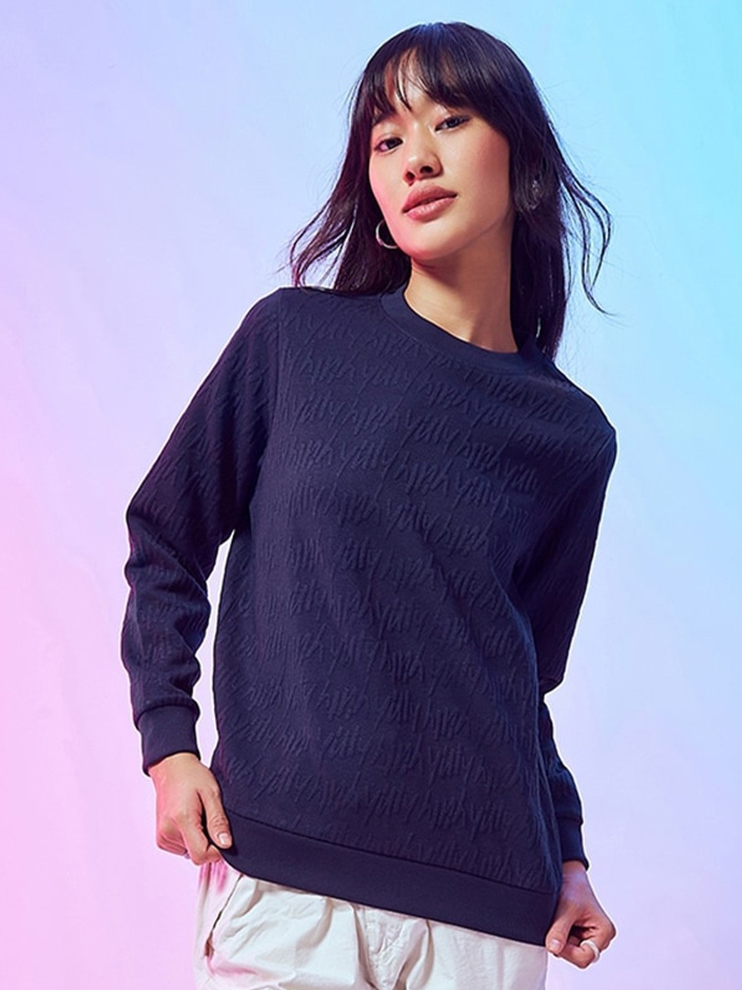 

Bewakoof Self Design Round Neck Pullover Sweatshirt, Blue