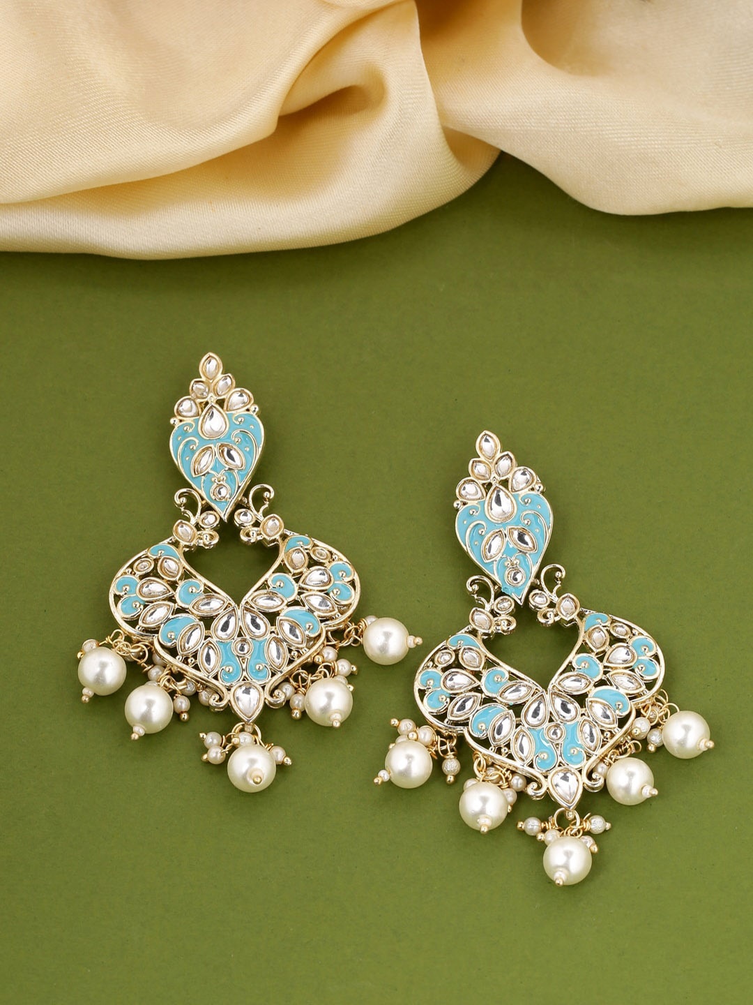 

Shoshaa Gold-Plated Kundan Studded & Beaded Enamelled Drop Earrings