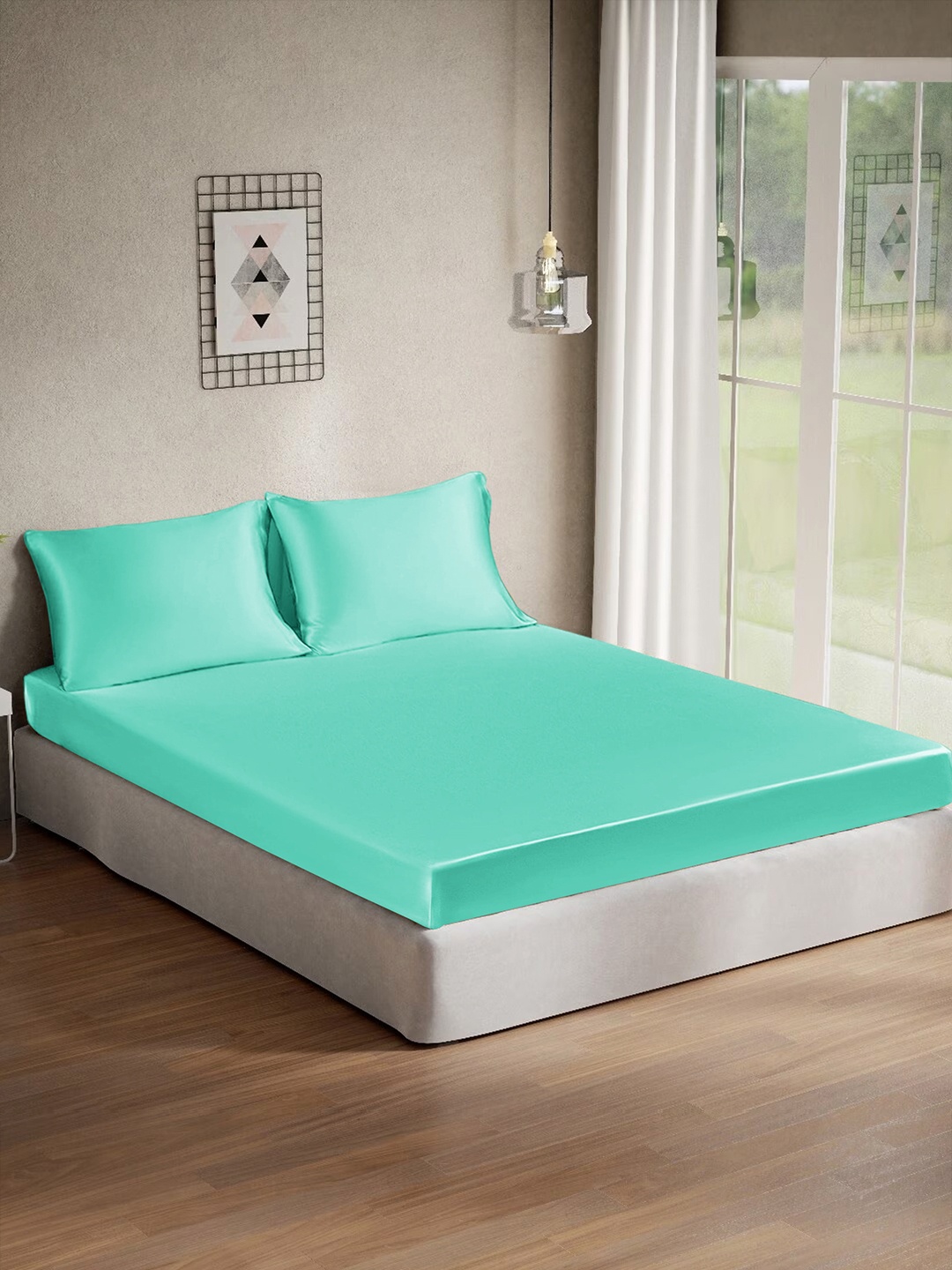 

Cloth Fusion Sea Green 120 TC Silk Satin King Bedsheet with 2 Pillow Covers