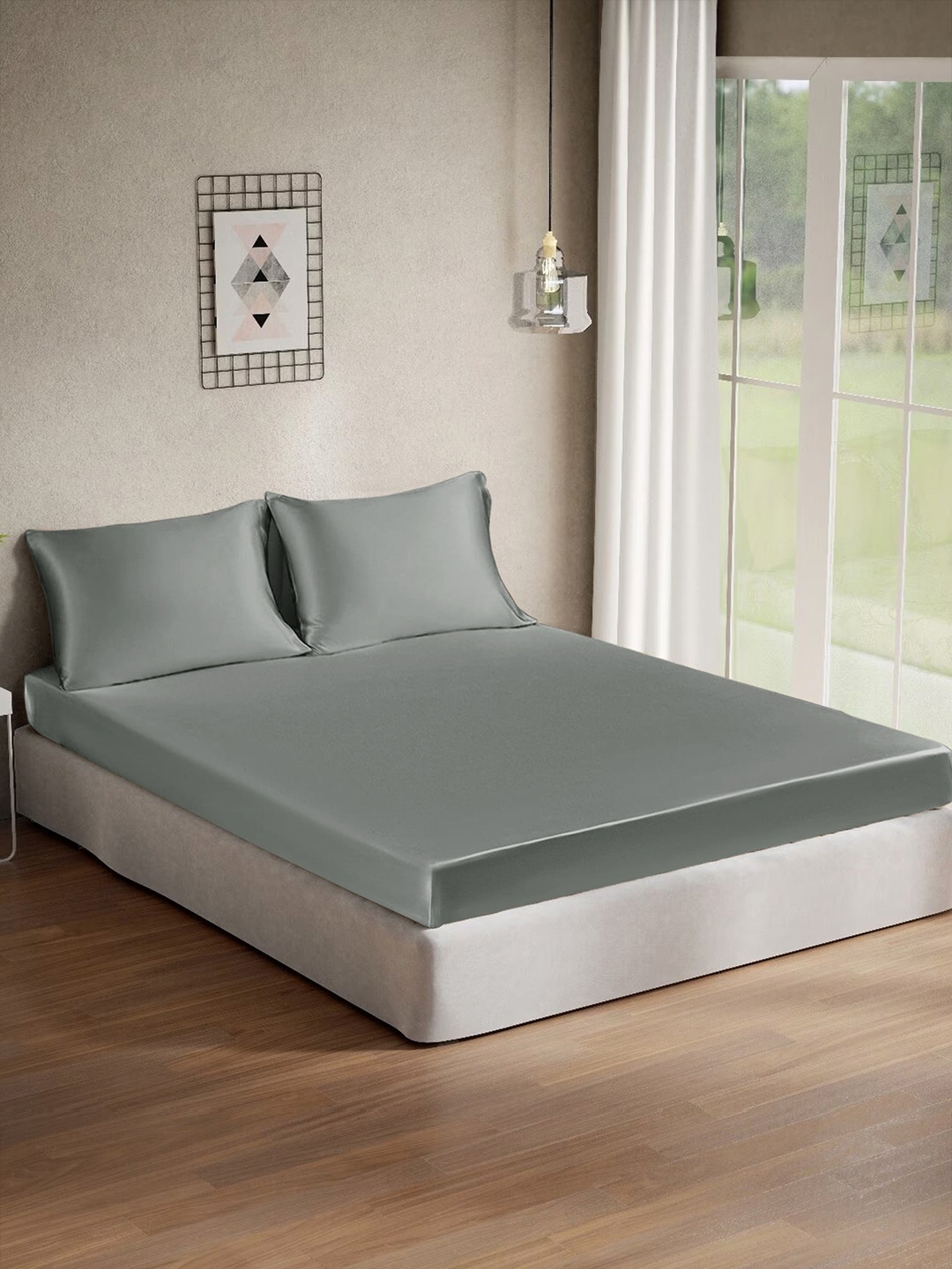 

Cloth Fusion Silver 120 TC Silk Satin King Bedsheet with 2 Pillow Covers