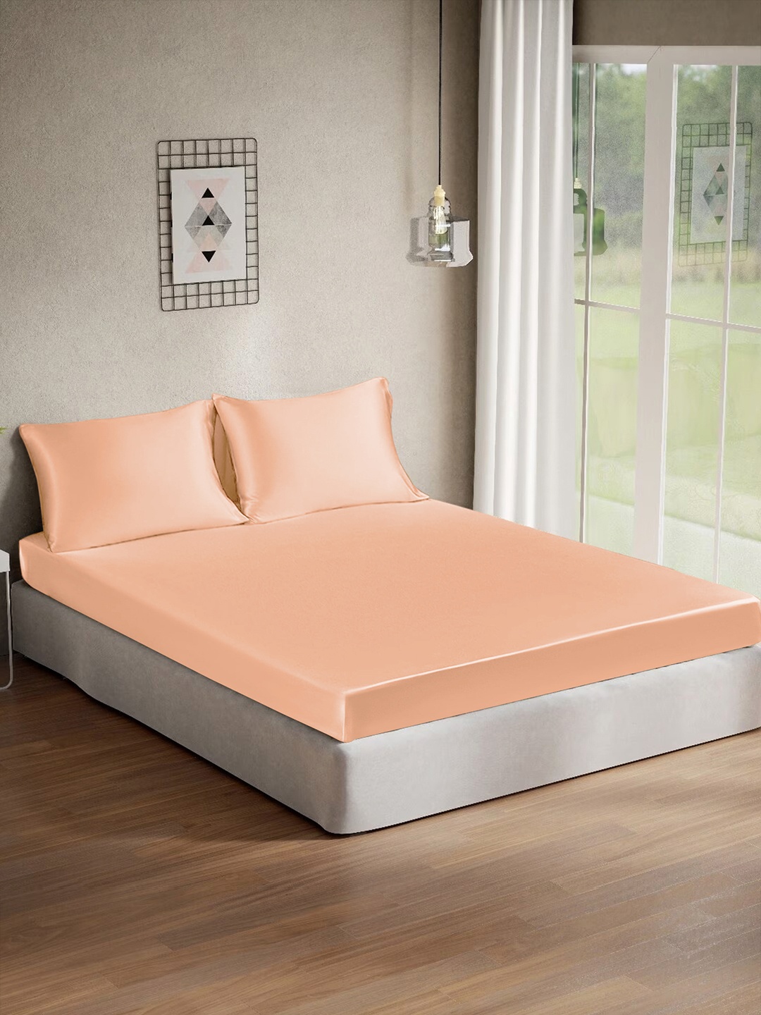 

Cloth Fusion Peach 120 TC Silk Satin King Bedsheet with 2 Pillow Covers