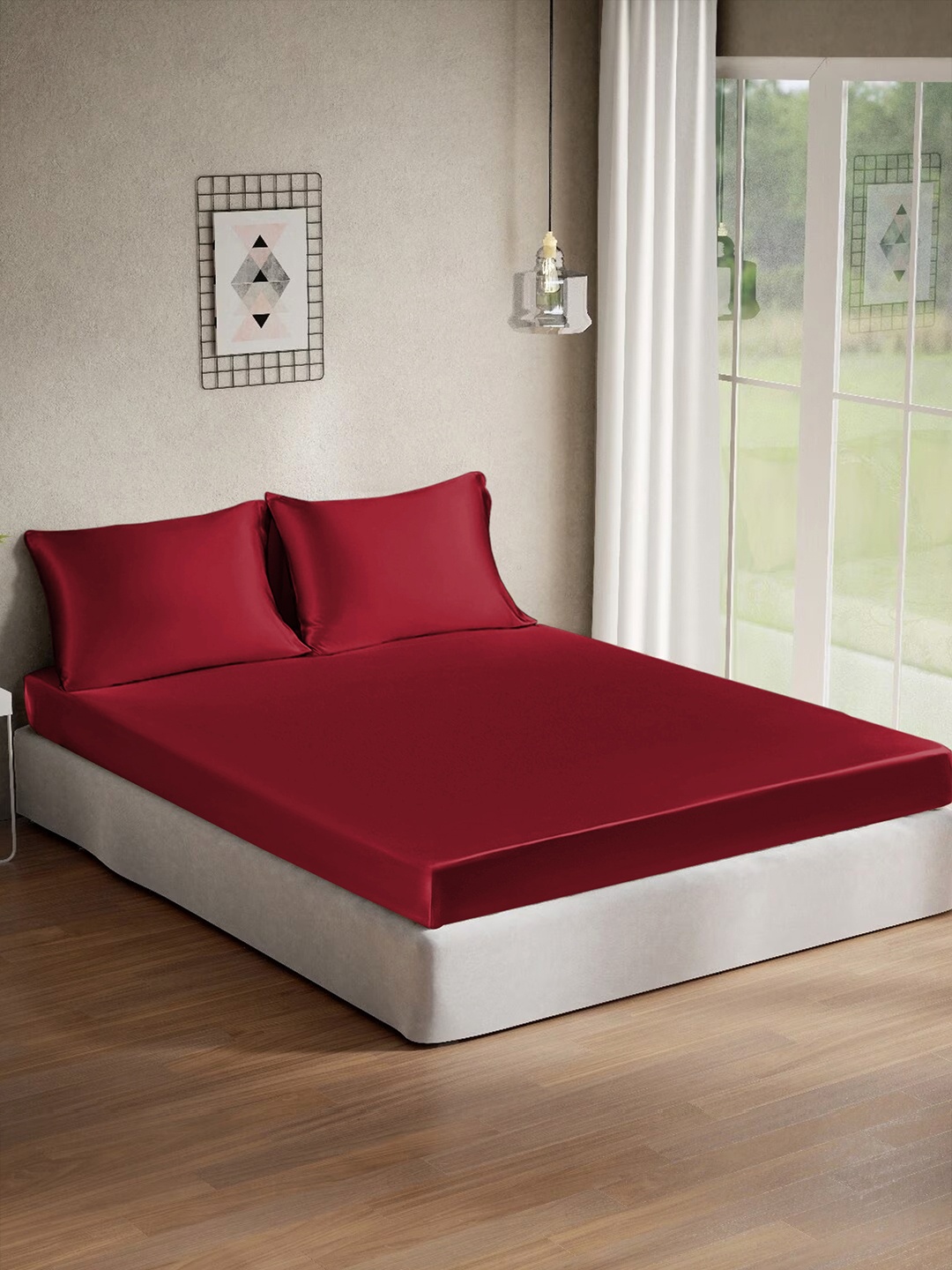 

Cloth Fusion Red 120 TC Silk Satin King Bedsheet with 2 Pillow Covers