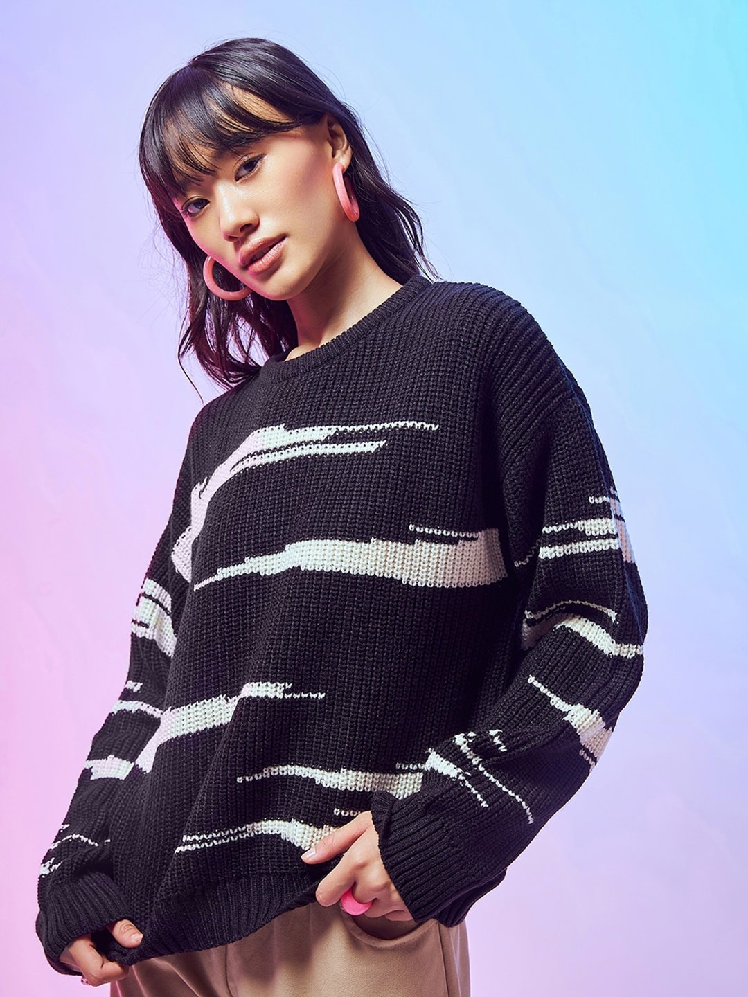

Bewakoof Oversized Geometric Printed Acrylic Pullover Sweaters, Black